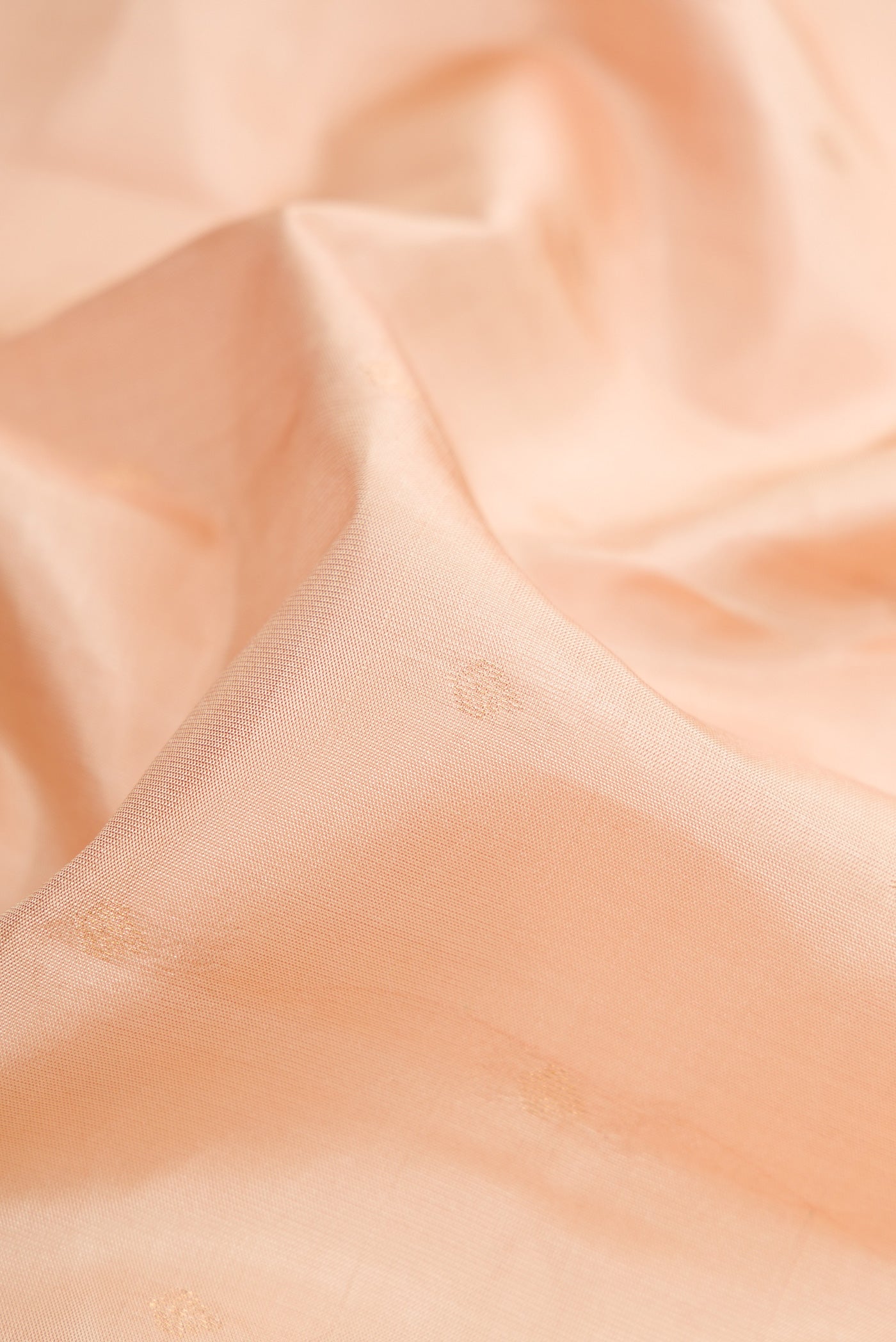 Close up of Beige Kanchipuram Silk Saree with Zari Butta on the body and Zari Border.  displaying folds