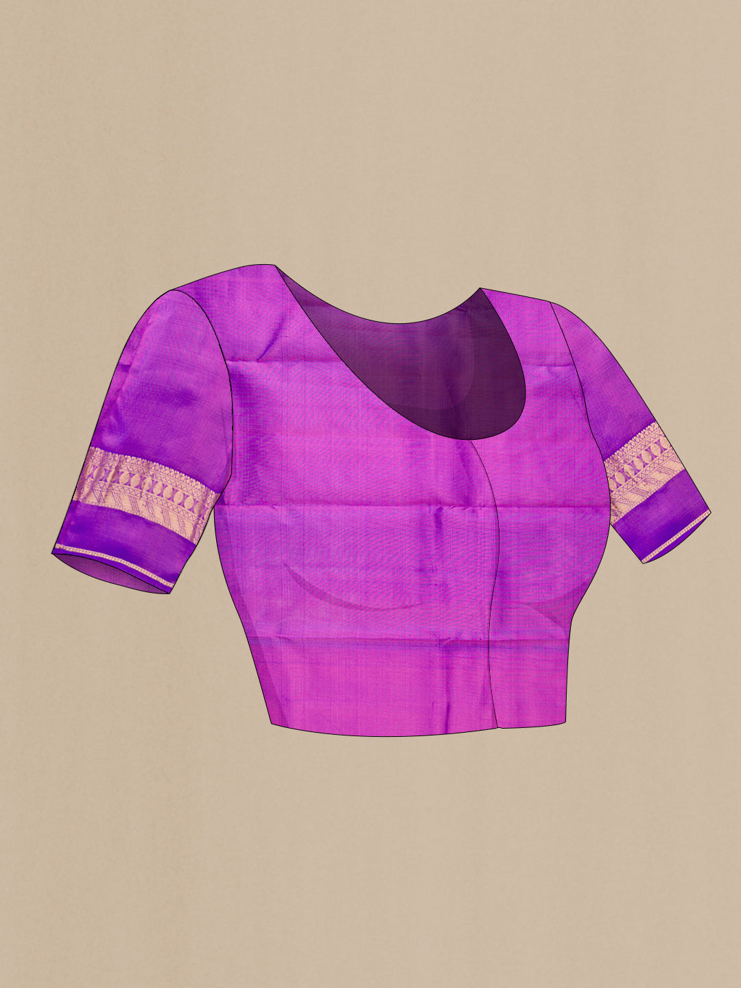 Close up image of the blouse of Coral Kanchipuram Silk Saree with Zari Butta on the body and Zari Border. 