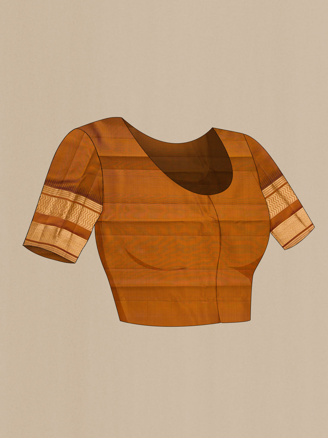 Close up image of the blouse of Mustard Kanjivaram Silk Saree with Zari Butta on the body and Zari Border. 