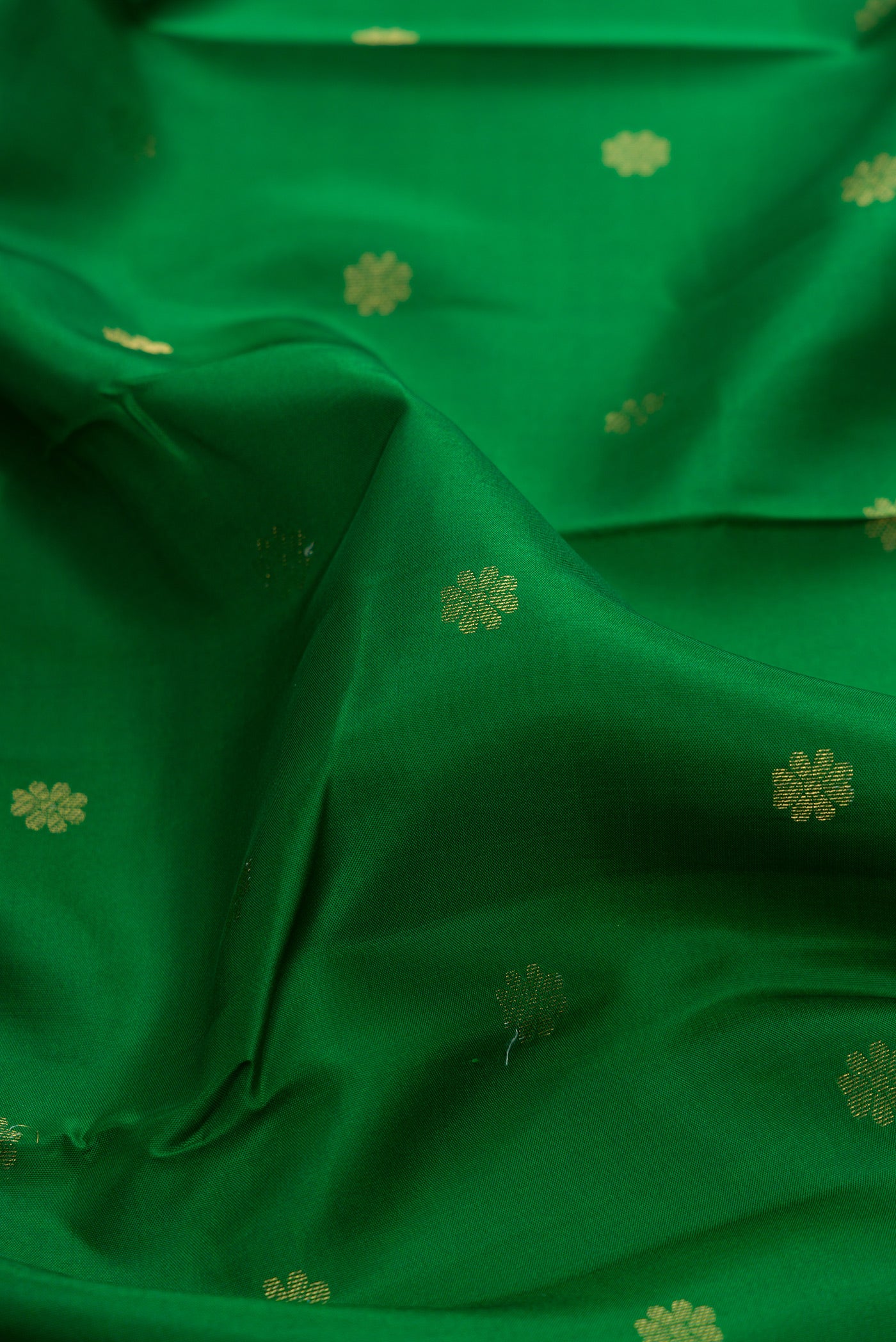 Close up of Green Kanjivaram Silk Saree with Zari Butta on the body and Zari Border.  displaying folds