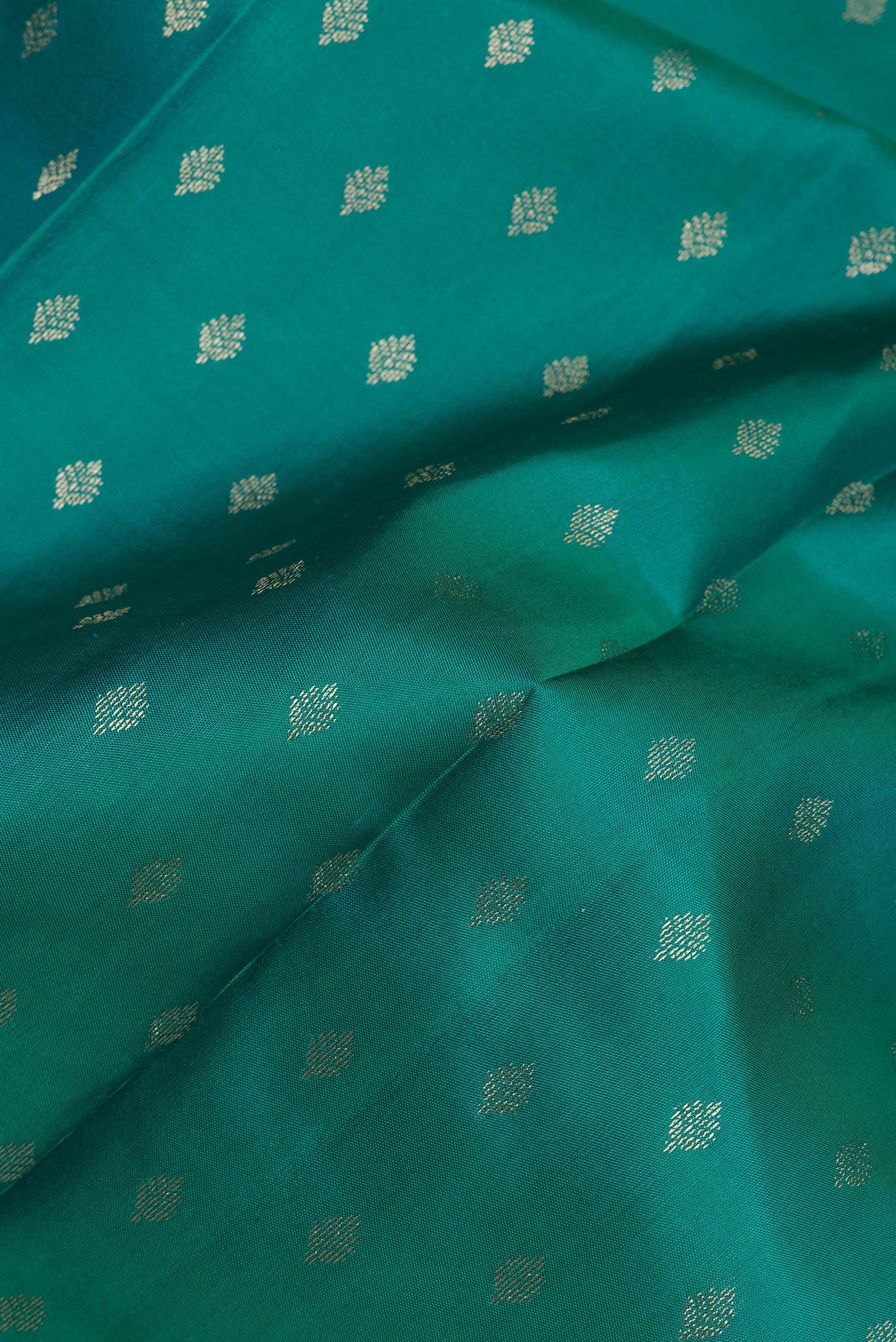 Close up of Green Kanchipuram Silk Saree with Zari Butta on the body and Zari Border.  displaying folds
