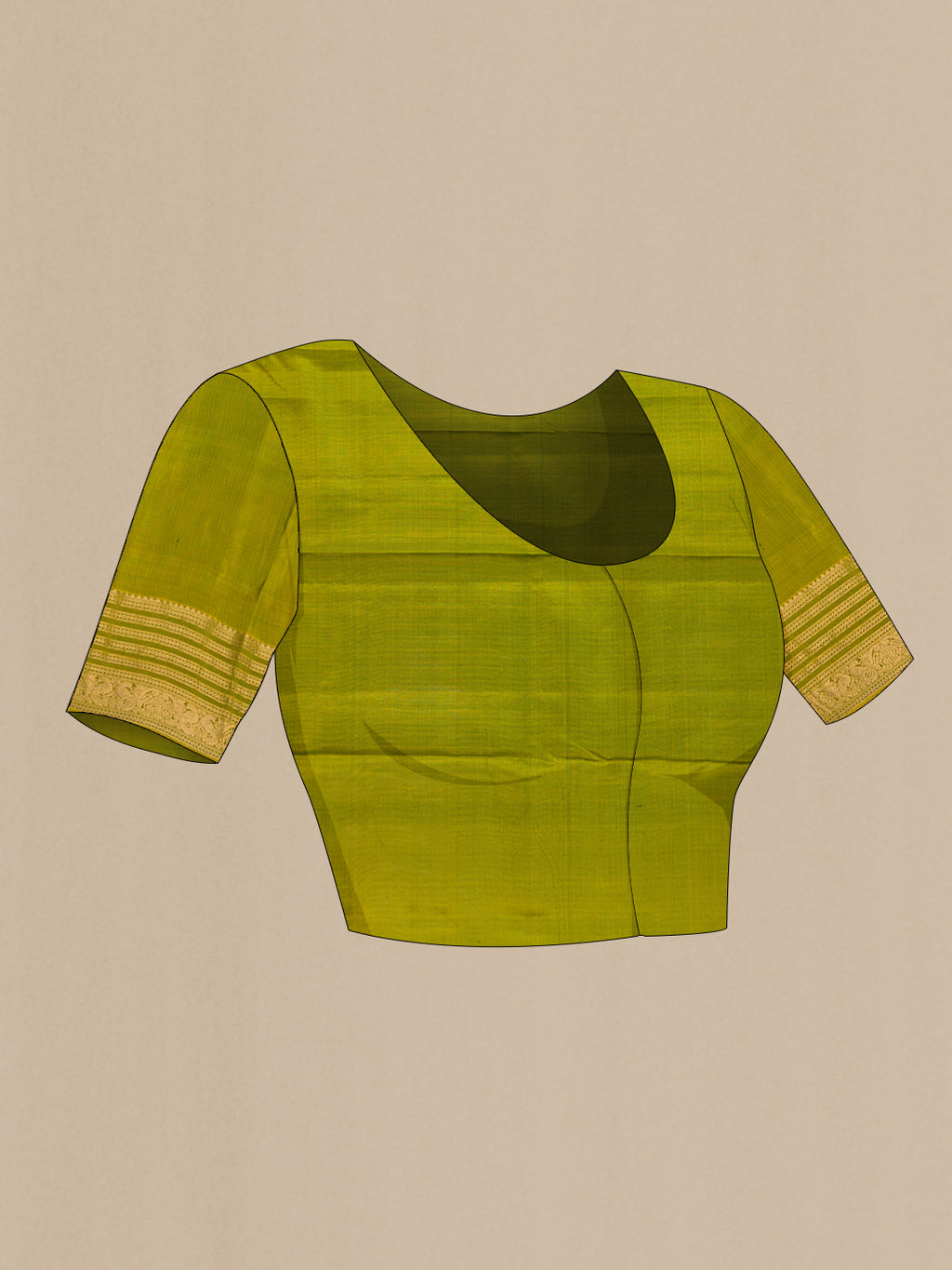 Close up image of the blouse of Green Kanchipuram Silk Saree with Zari Butta on the body and Zari Border. 