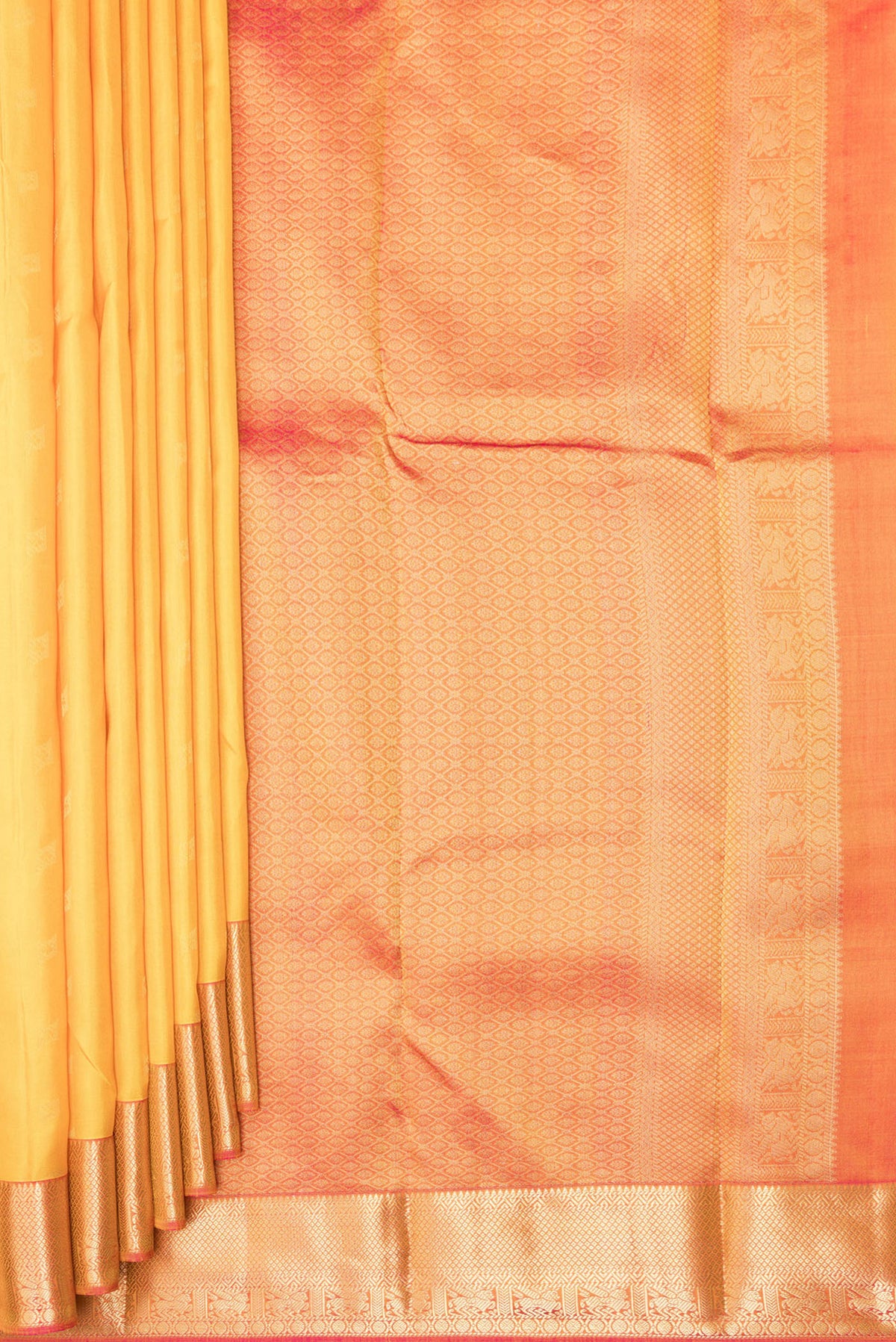Pleats and pallu of Pure Silk Yellow Kanchipuram Saree with Zari Butta on the body and Zari Border. 
