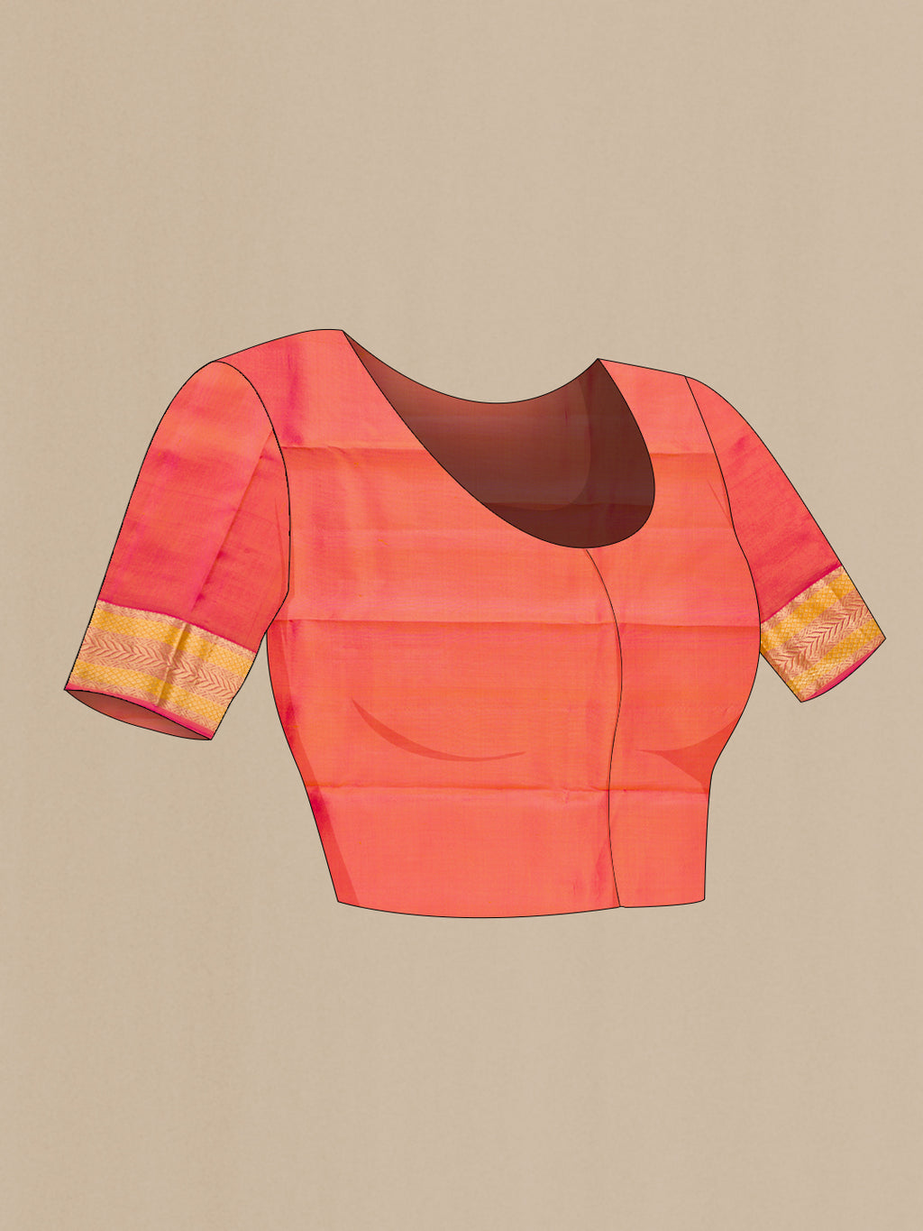 Close up image of the blouse of Mustard Kanchipuram Silk Saree with Zari Butta on the body and Zari Border. 