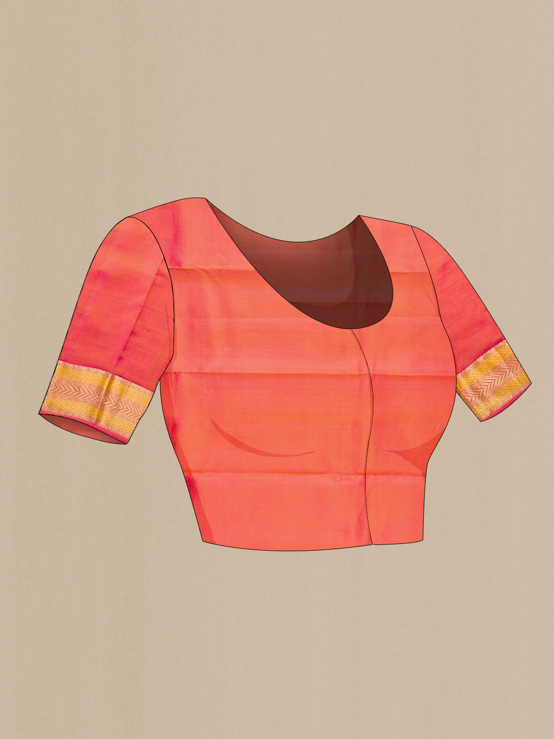 Close up image of the blouse of Mustard Kanchipuram Silk Saree with Zari Butta on the body and Zari Border. 