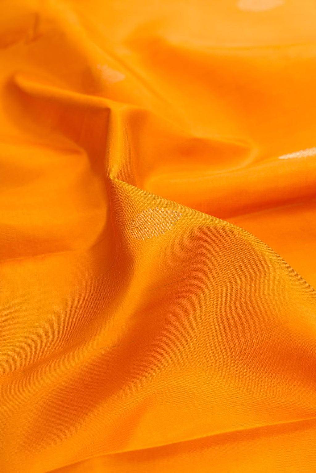 Close up of Mustard Kanchipuram Silk Saree with Zari Butta on the body and Zari Border.  displaying folds