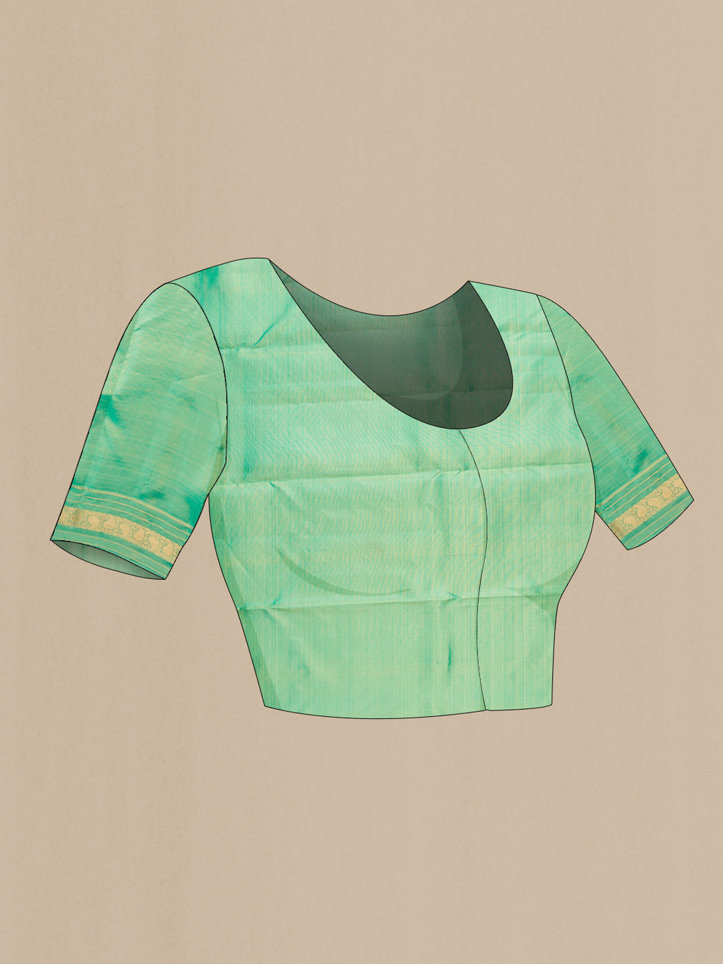Close up image of the blouse of Sandal Kanchipuram Silk Saree with Zari Butta on the body and Zari Border. 