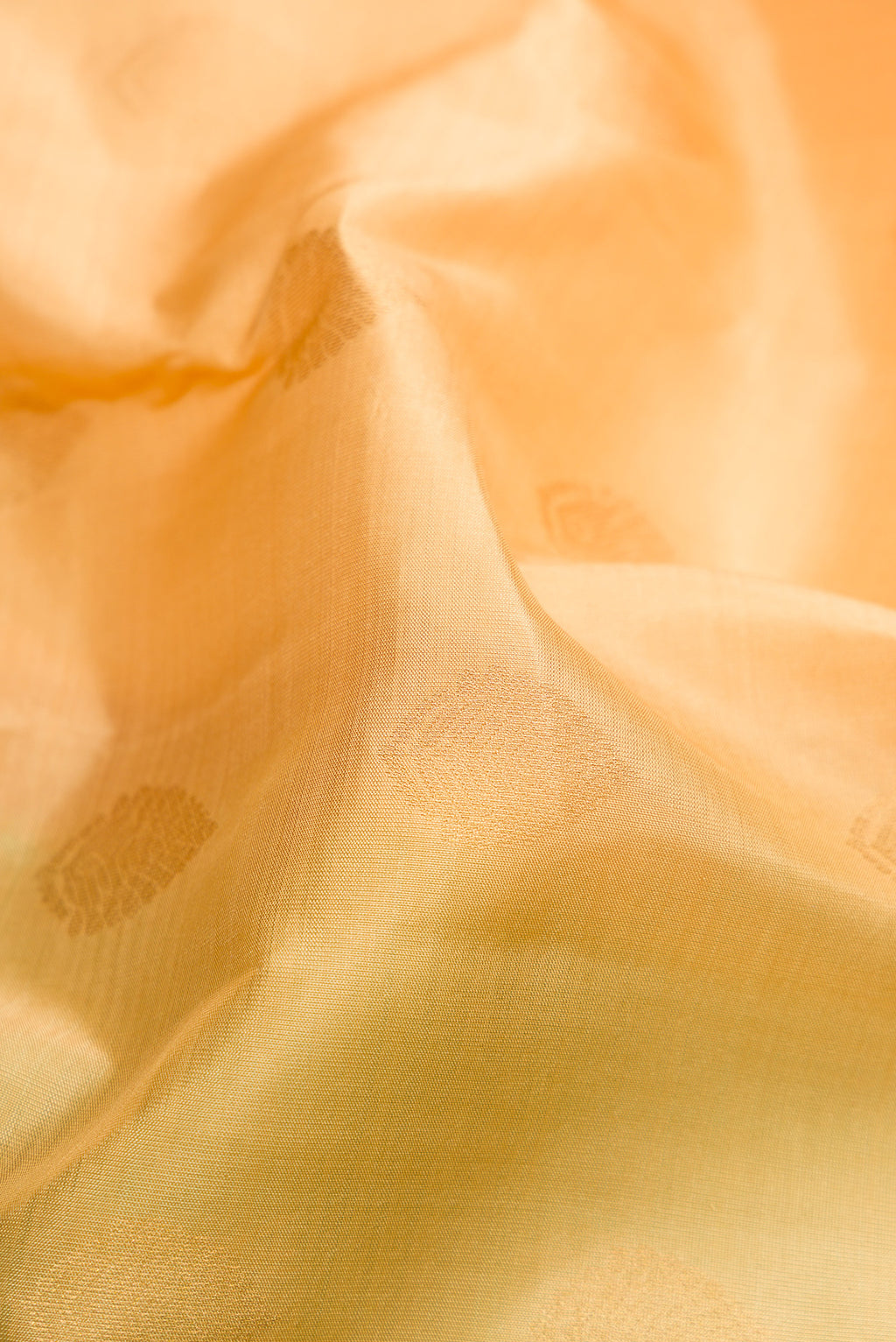 Close up of Sandal Kanchipuram Silk Saree with Zari Butta on the body and Zari Border.  displaying folds