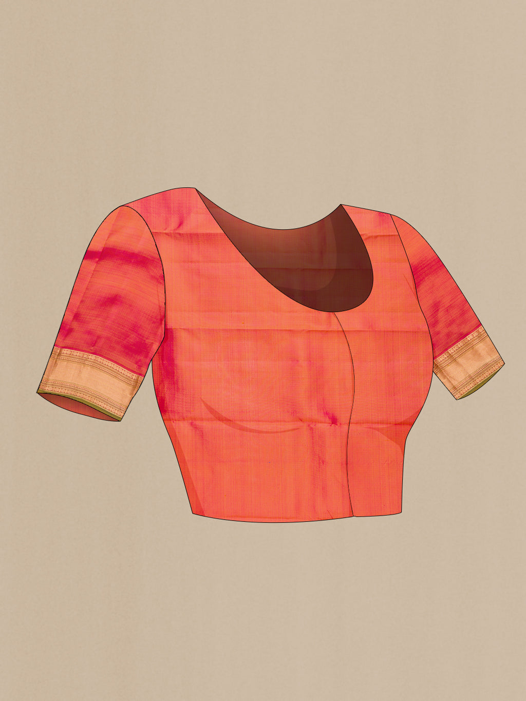 Close up image of the blouse of Mustard Kanchipuram Silk Saree with Zari Butta on the body and Zari Border. 