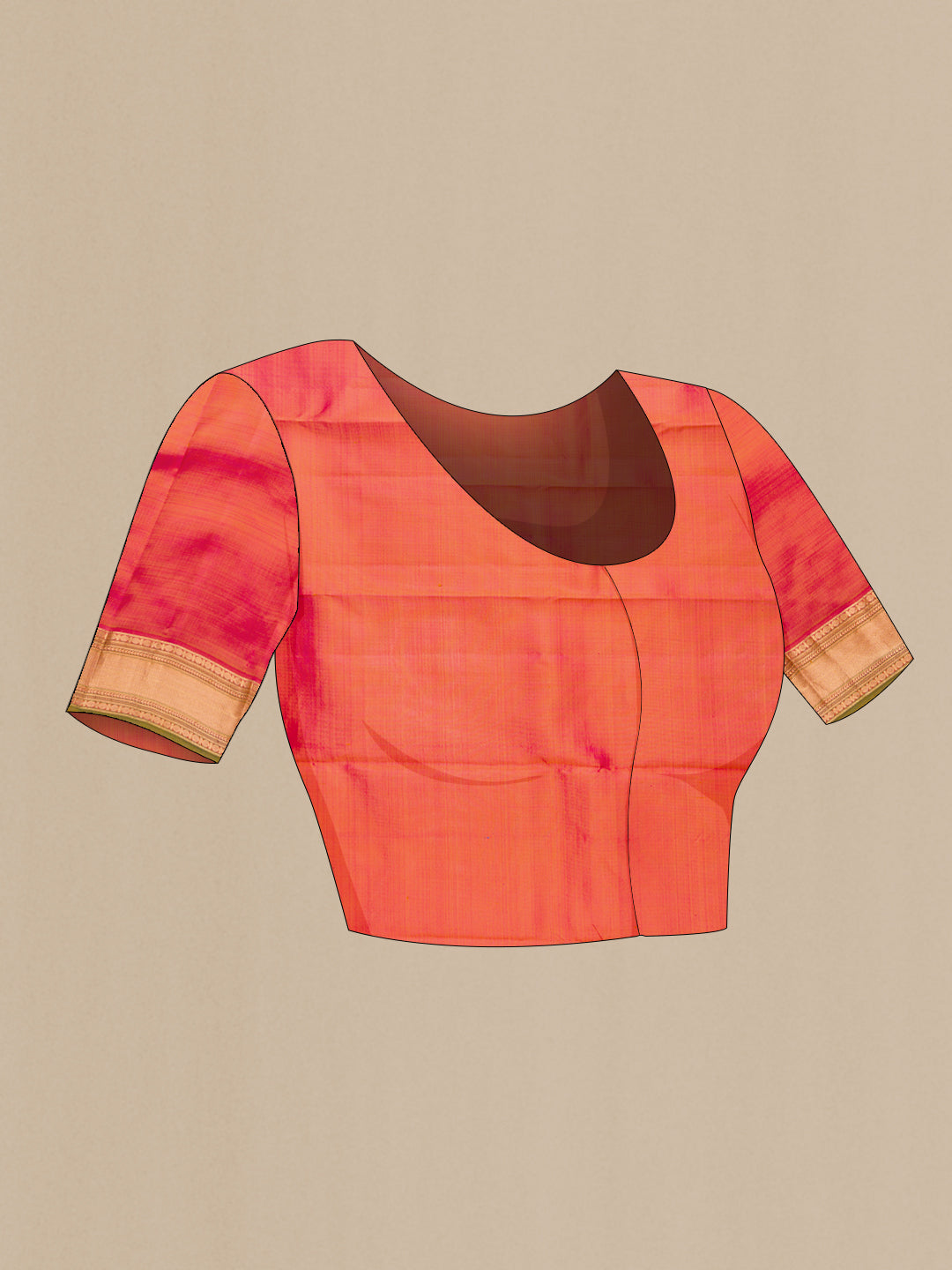 Close up image of the blouse of Mustard Kanchipuram Silk Saree with Zari Butta on the body and Zari Border. 