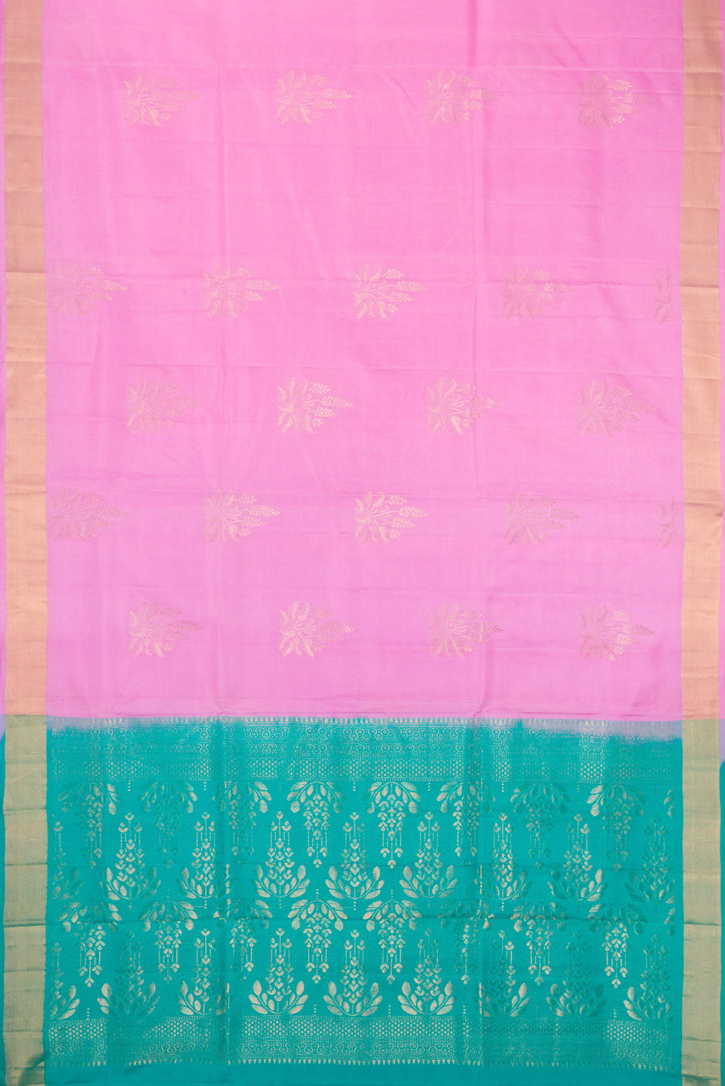 Pink Soft Silk Saree with Zari Butta on the body and Fancy Border.  displayed on a mannequin
