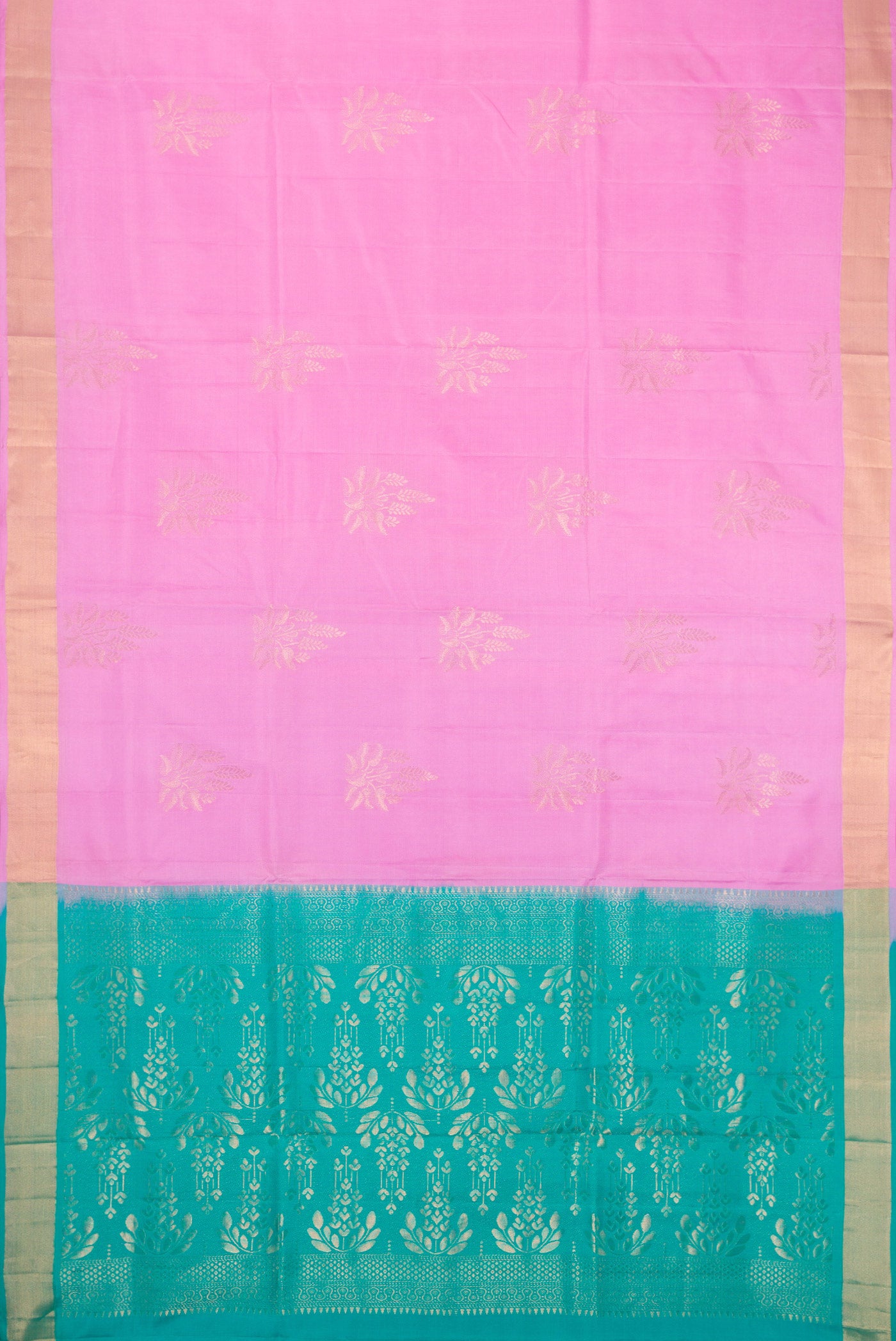 Pink Soft Silk Saree with Zari Butta on the body and Fancy Border.  displayed on a mannequin