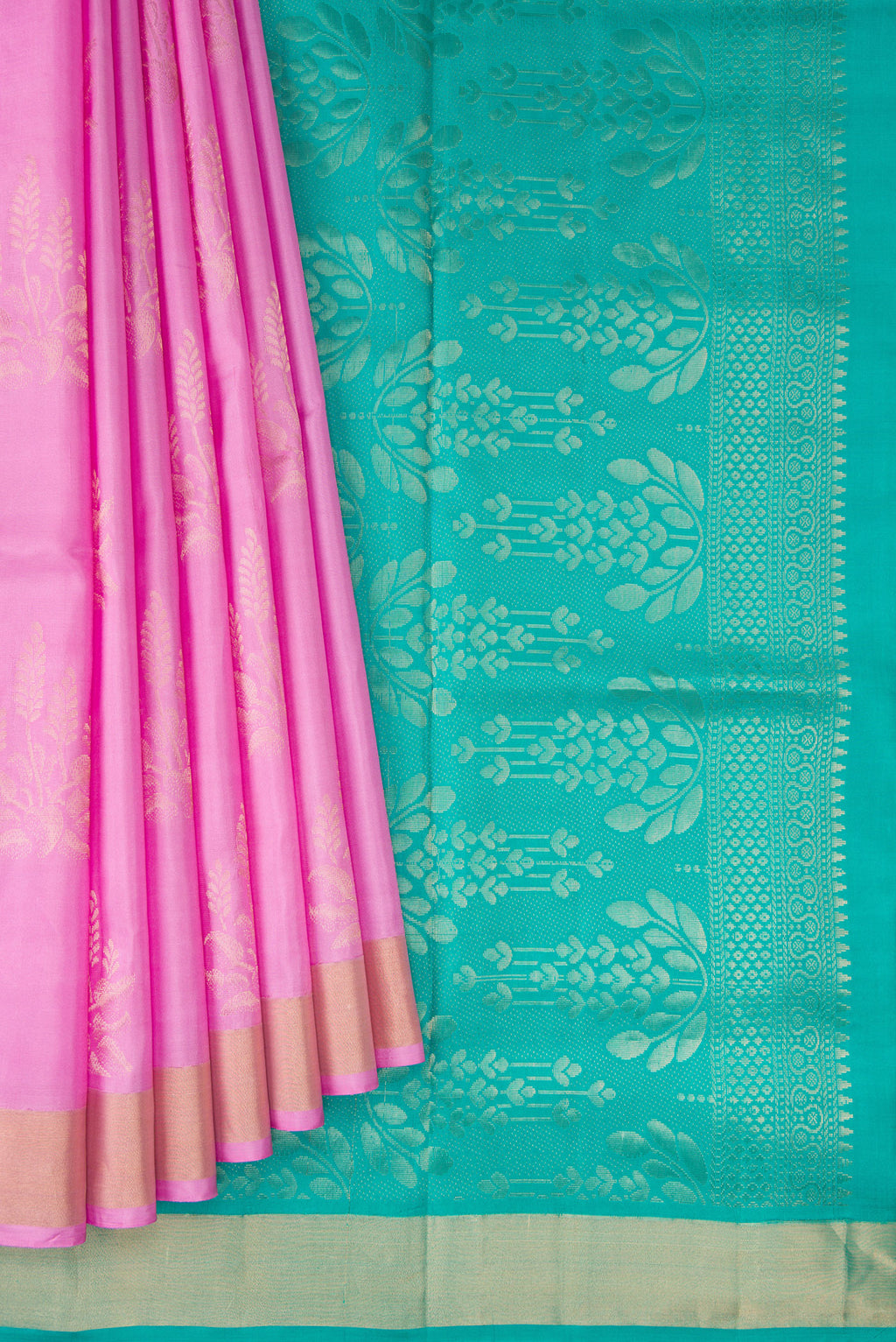 Pleats and pallu of Pink Soft Silk Saree with Zari Butta on the body and Fancy Border. 