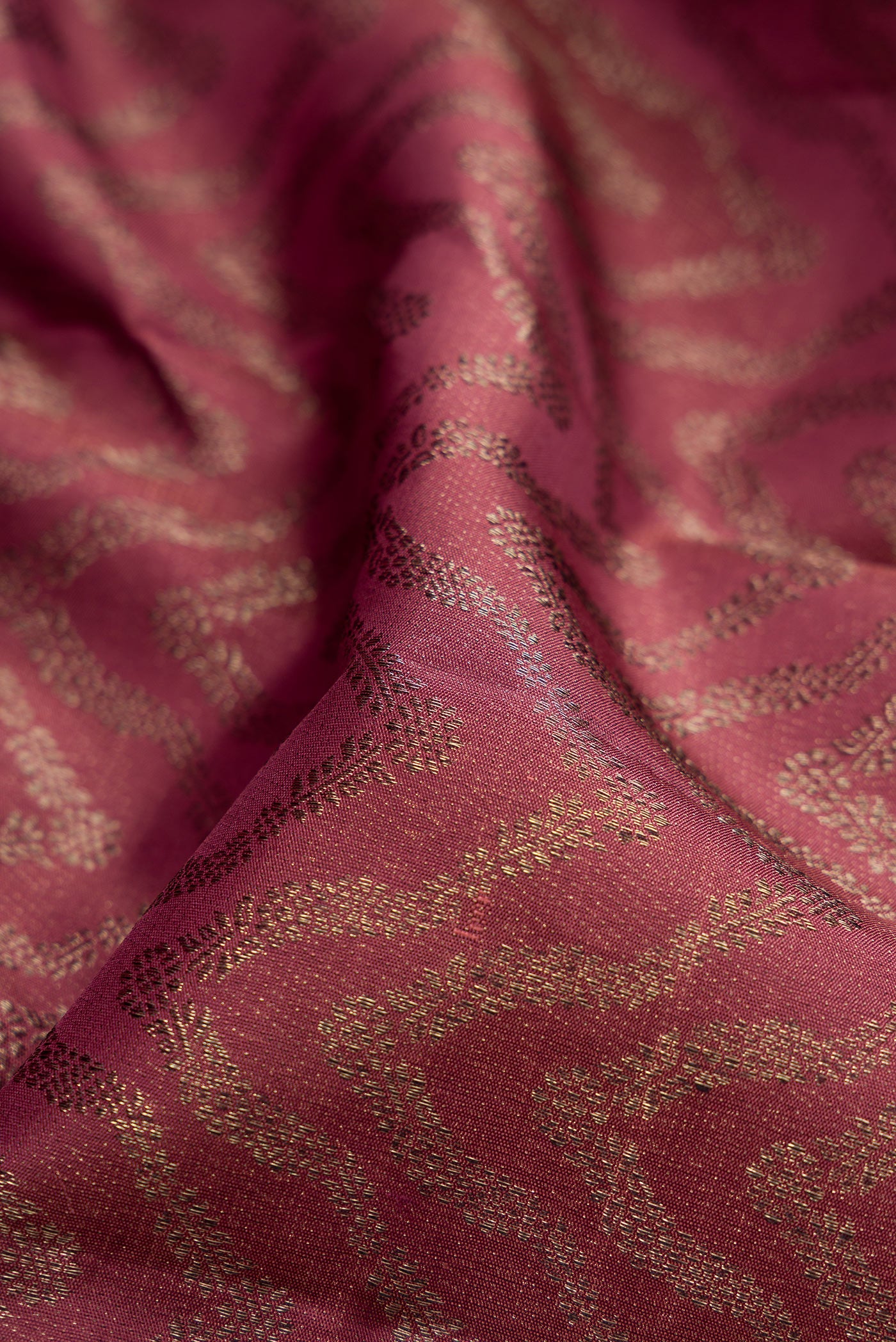 Close up of Dark Mauve Dual Tone Kanjivaram Silk Saree with Jacquard design on the body and Zari Border.  displaying folds