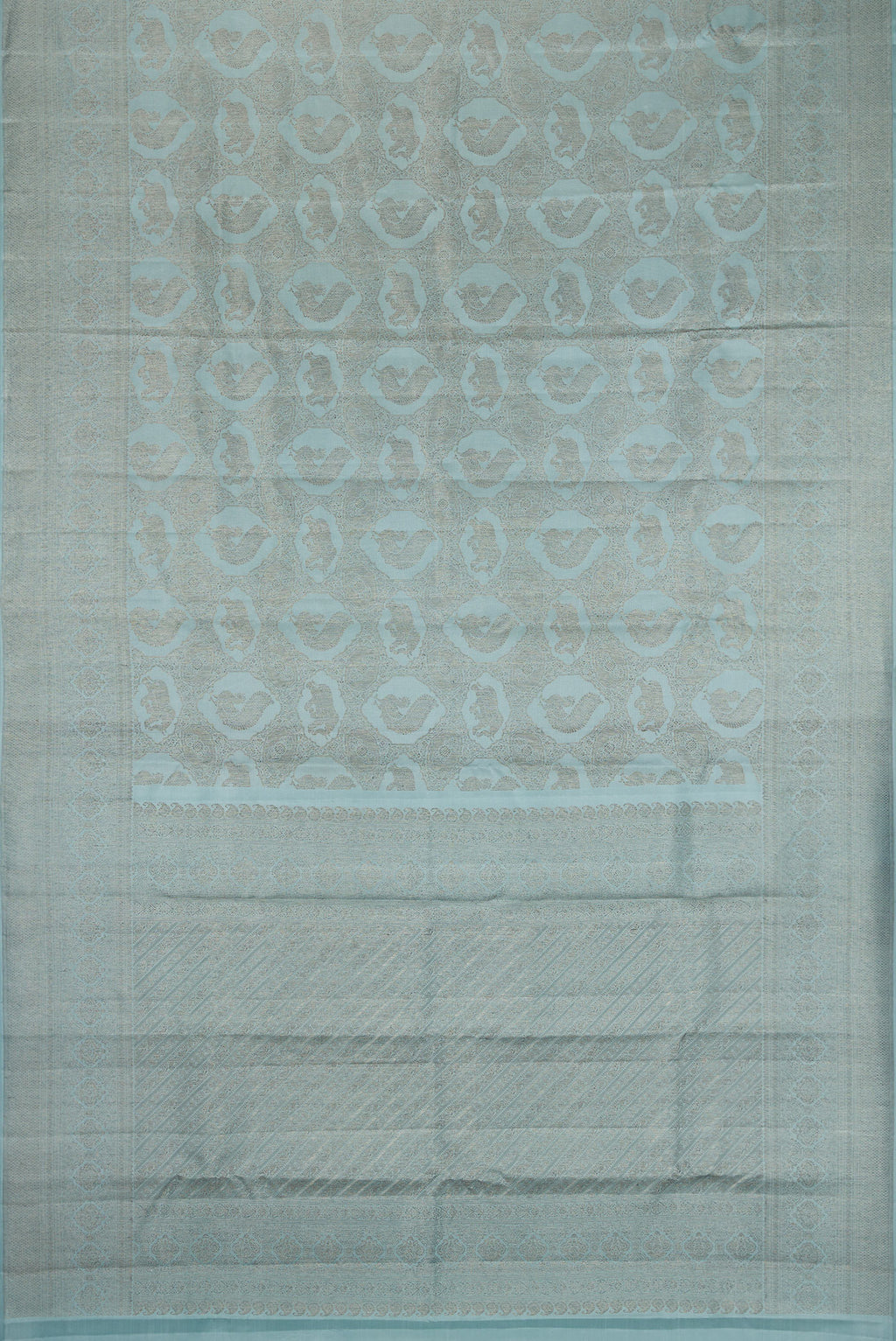Flat view of Grey Dual Tone Kanjivaram Silk Saree with Jacquard design on the body and Fancy Border. 