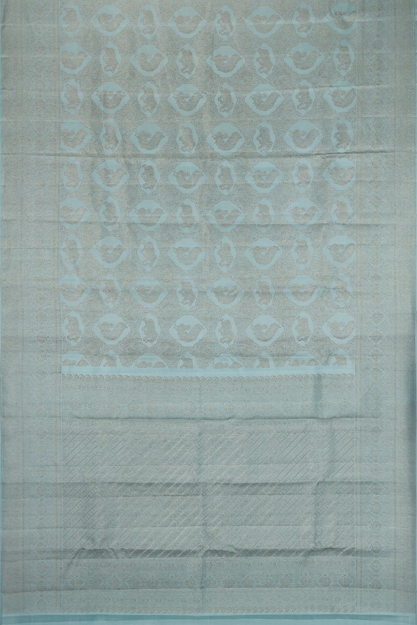 Flat view of Grey Dual Tone Kanjivaram Silk Saree with Jacquard design on the body and Fancy Border. 