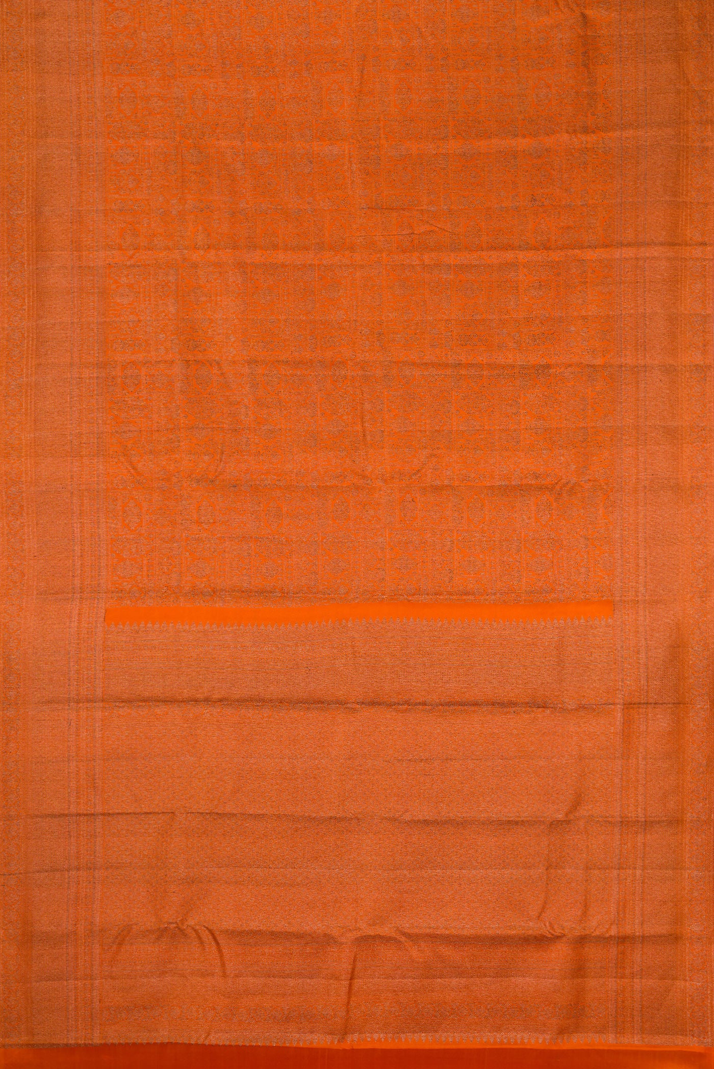Flat view of Brick Orange Dual Tone Kanjivaram Silk Saree with Jacquard design on the body and Fancy Border. 