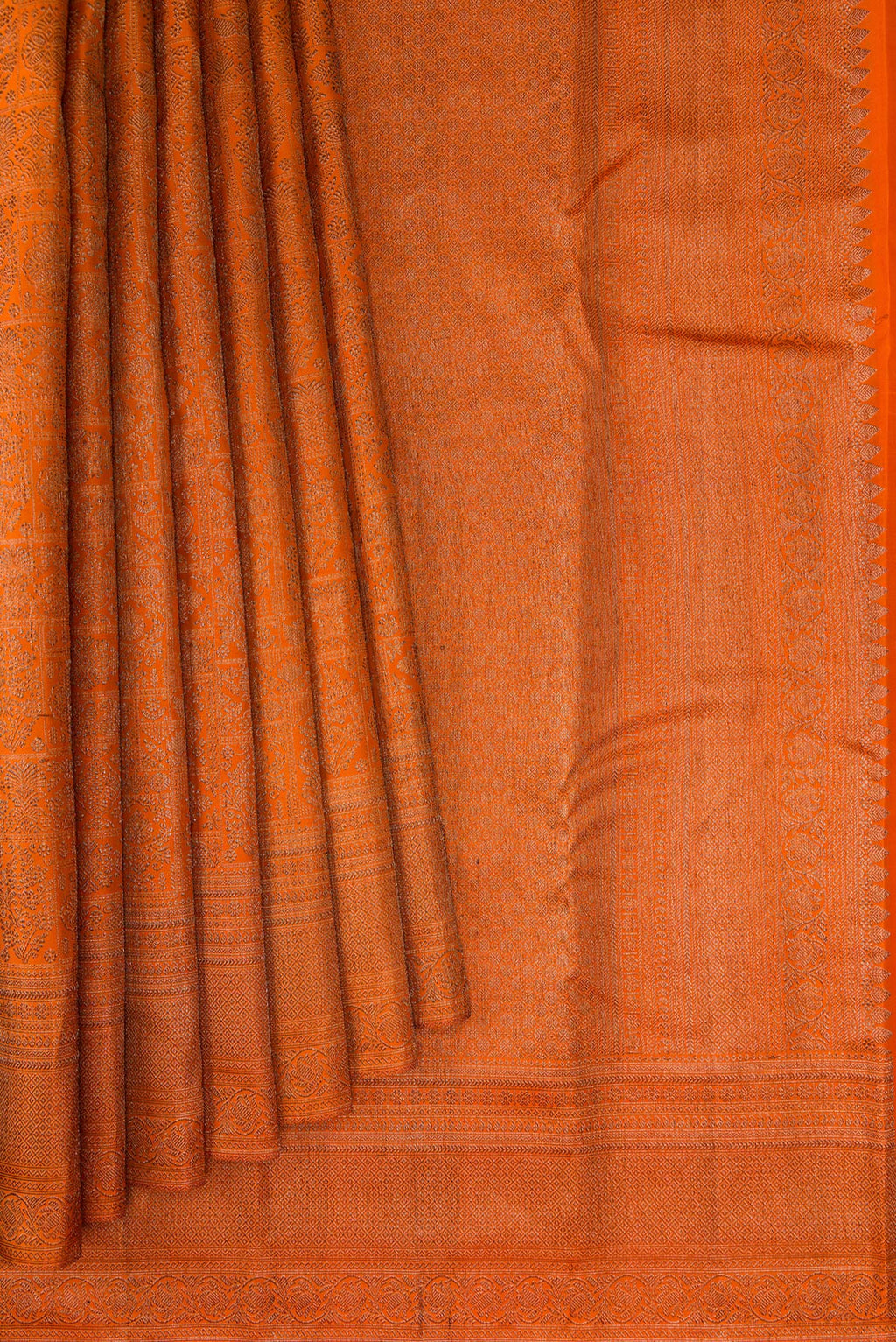 Pleats and pallu of Brick Orange Dual Tone Kanjivaram Silk Saree with Jacquard design on the body and Fancy Border. 