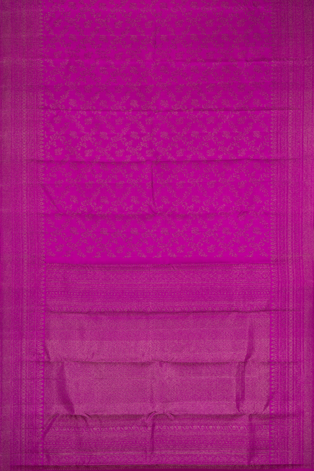 Flat view of Purple Kanjivaram Silk Saree with Zari Brocade on the body and Fancy Border. 