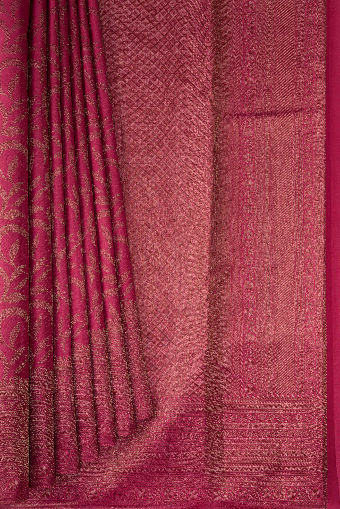Pleats and pallu of Maroon Kanjivaram Silk Saree with Zari Brocade on the body and Fancy Border. 