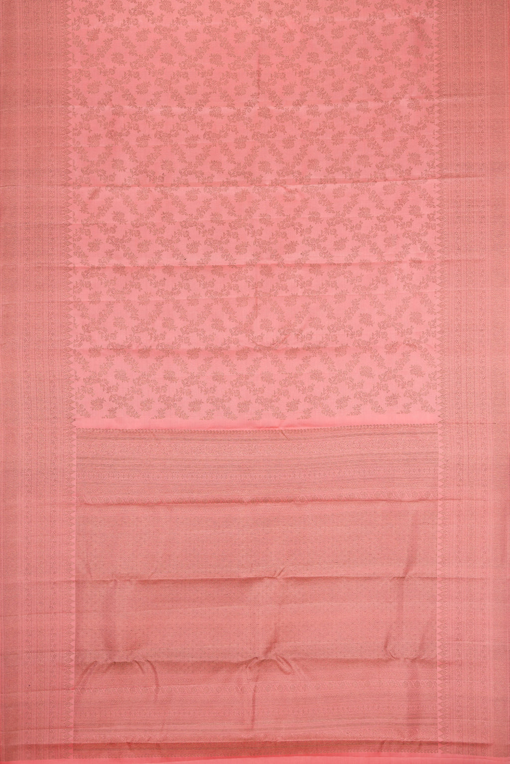 Flat view of Peach Kanjivaram Silk Saree with Zari Brocade on the body and Fancy Border. 