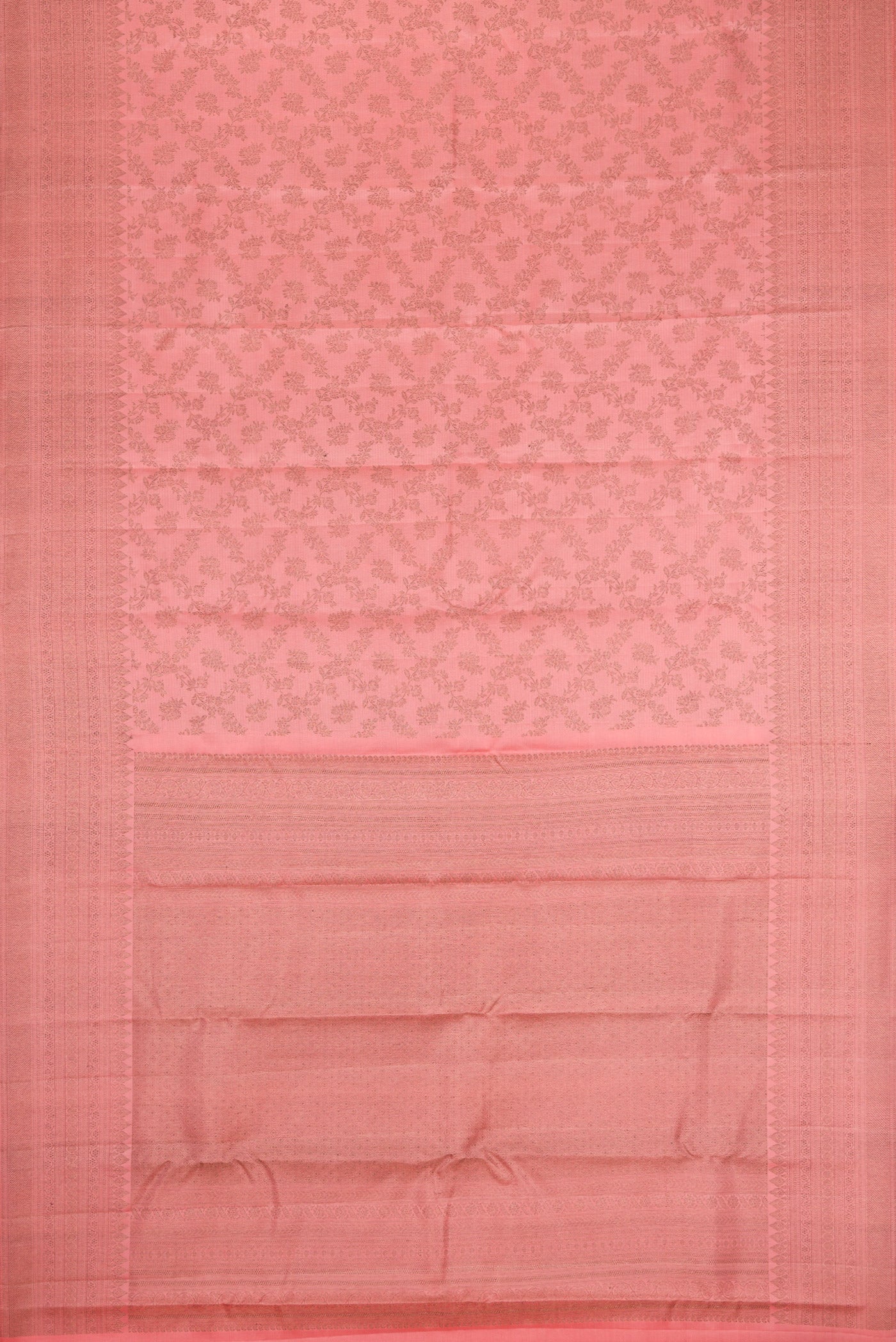Flat view of Peach Kanjivaram Silk Saree with Zari Brocade on the body and Fancy Border. 