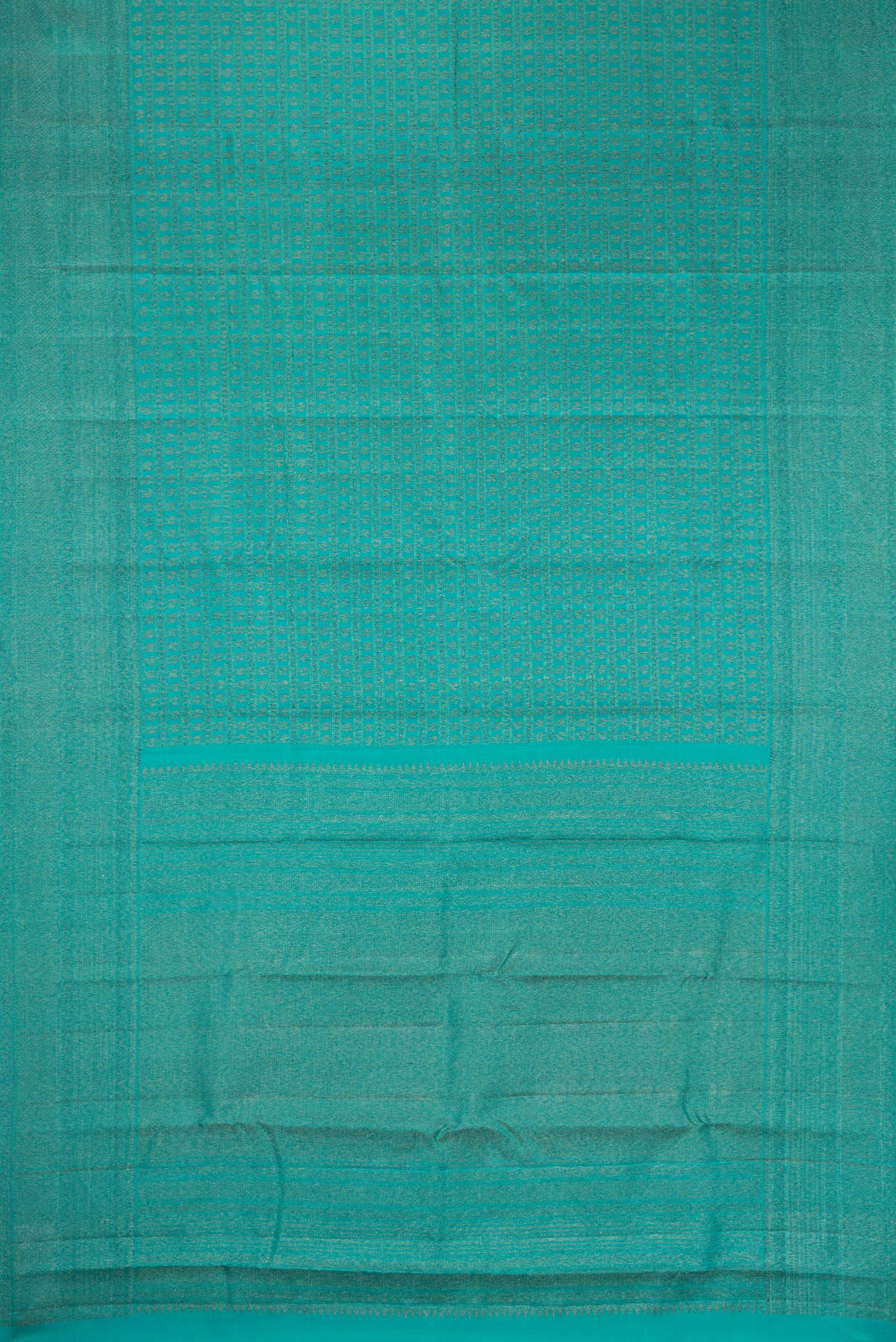 Flat view of Maya Blue Kanjivaram Silk Saree with Jacquard design on the body and Fancy Border. 