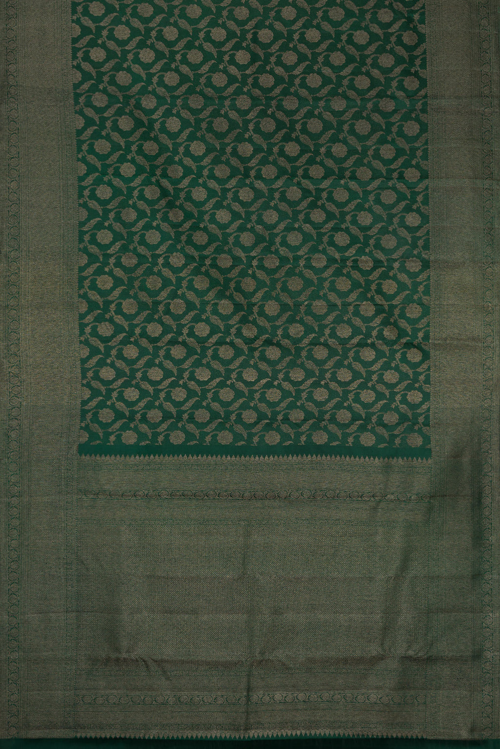 Flat view of Bottle Green Dual Tone Kanjivaram Silk Saree with Jacquard design on the body and Fancy Border. 