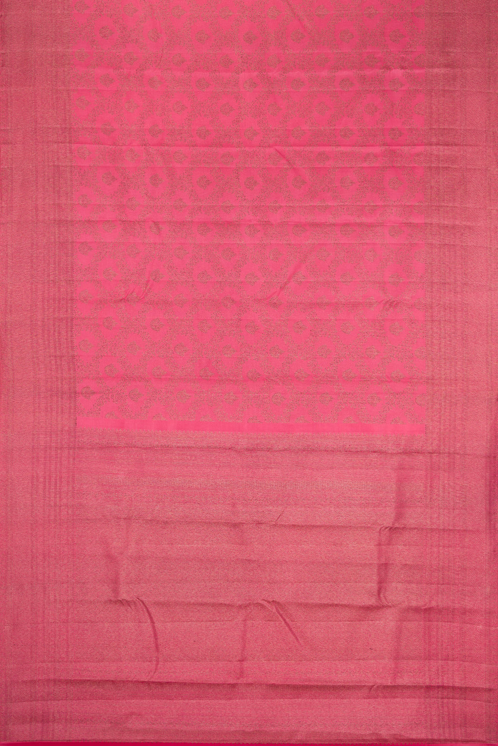 Flat view of Pink Dual Tone Kanjivaram Silk Saree with Jacquard design on the body and Fancy Border. 