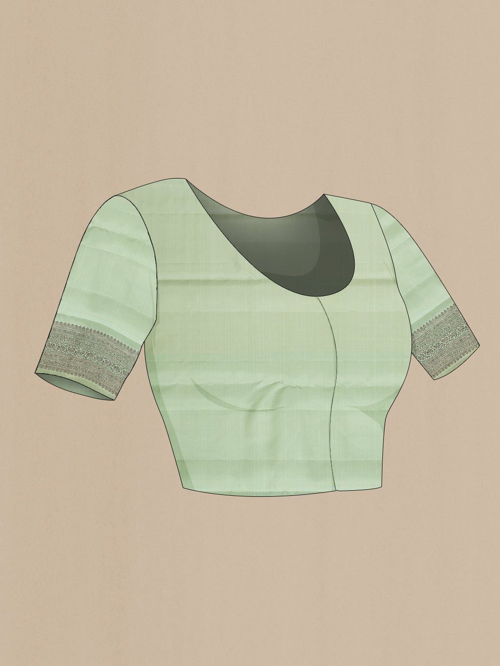 Close up image of the blouse of Light Green Dual Tone Kanjivaram Silk Saree with Jacquard design on the body and Zari Border. 
