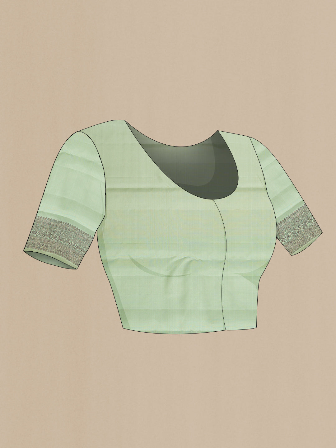 Close up image of the blouse of Light Green Dual Tone Kanjivaram Silk Saree with Jacquard design on the body and Zari Border. 