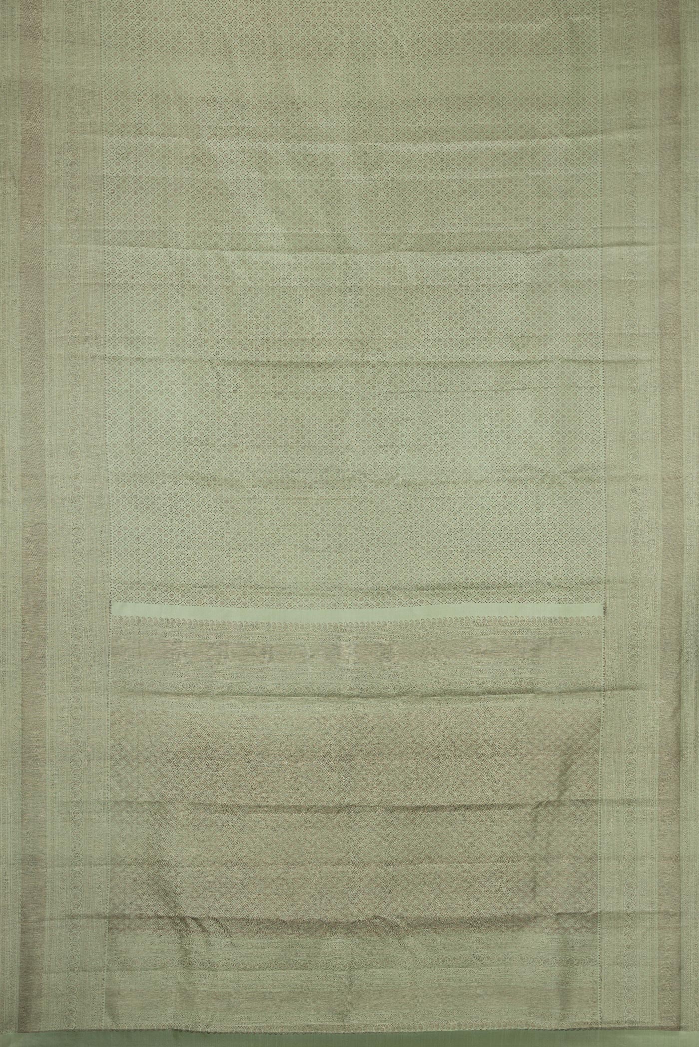 Flat view of Light Green Dual Tone Kanjivaram Silk Saree with Jacquard design on the body and Zari Border. 