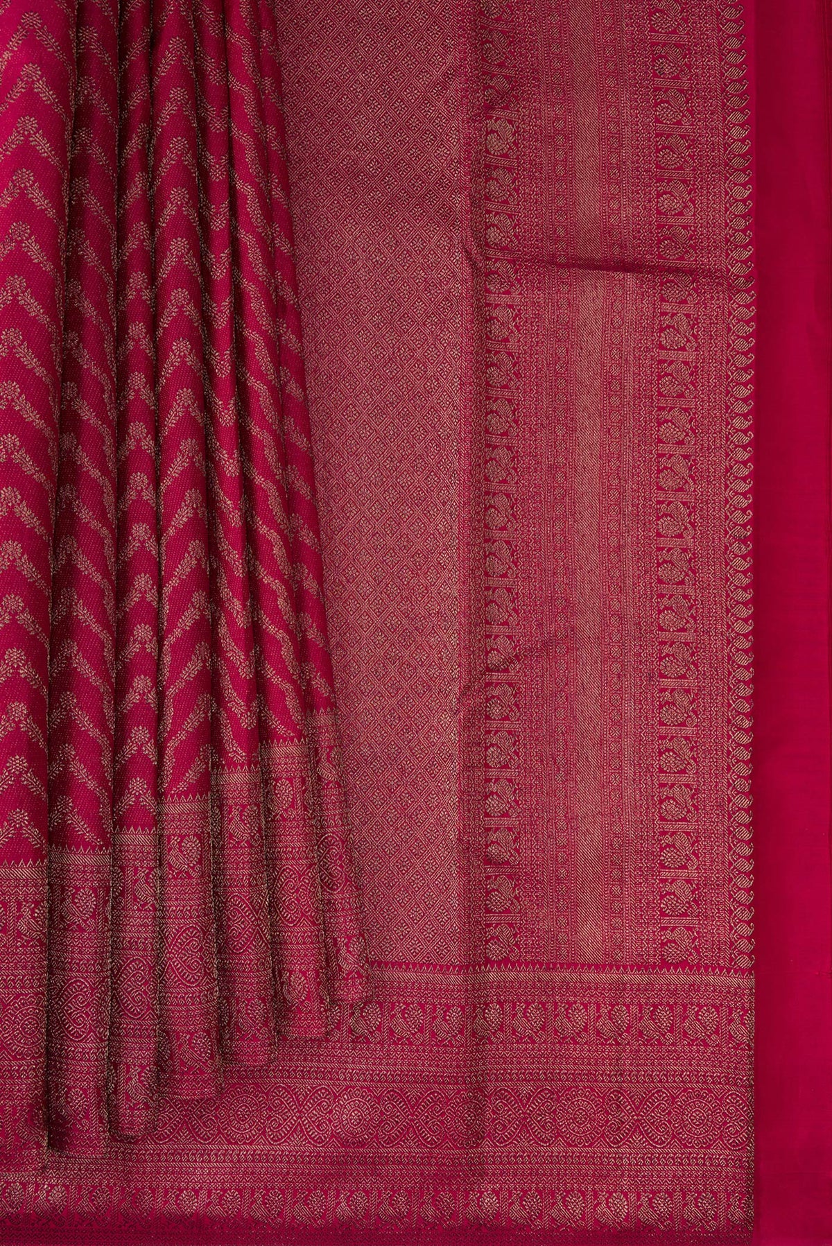 Pleats and pallu of Pure Silk Maroon Kanjivaram Saree with Zari Brocade on the body and Fancy Border. 