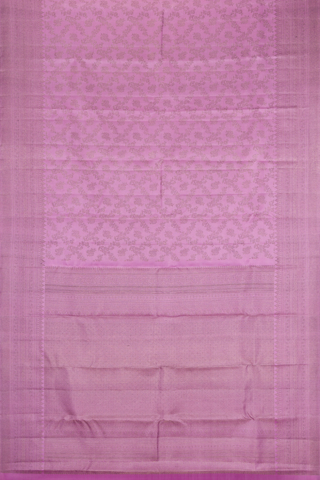 Flat view of Lavender Kanjivaram Silk Saree with Zari Brocade on the body and Fancy Border. 