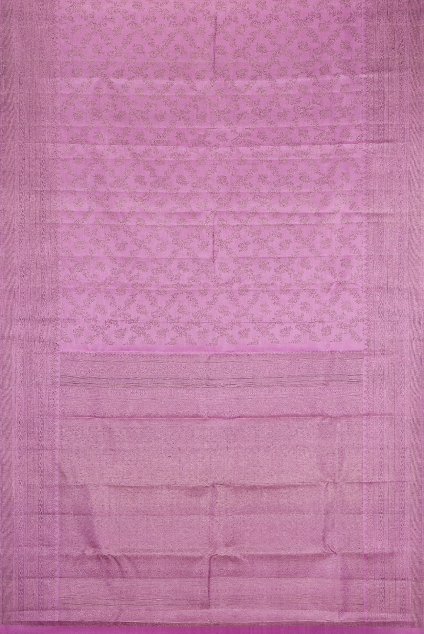 Flat view of Lavender Kanjivaram Silk Saree with Zari Brocade on the body and Fancy Border. 
