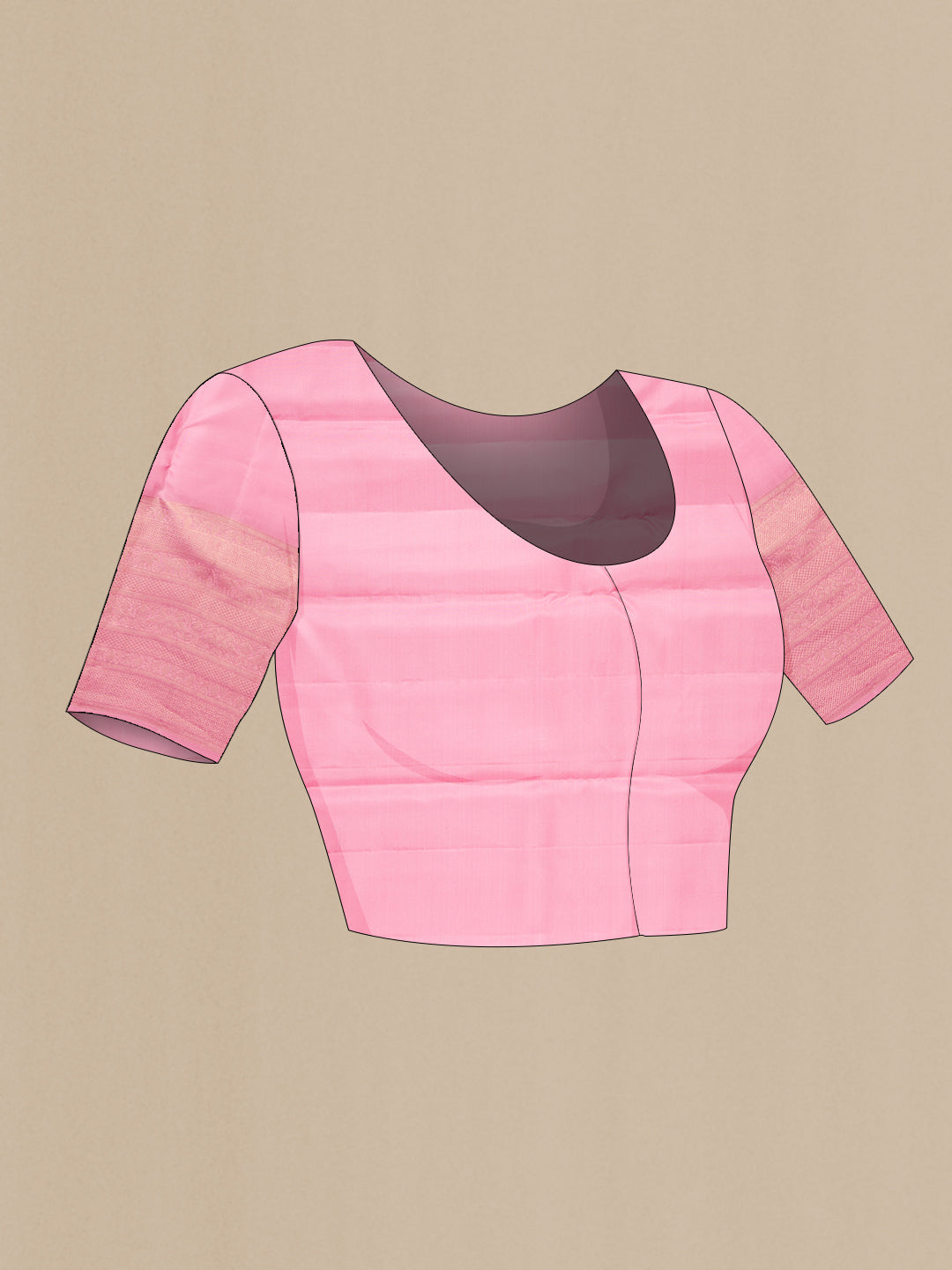 Close up image of the blouse of Rose pink Kanjivaram Silk Saree with Zari Butta on the body and Fancy Border. 