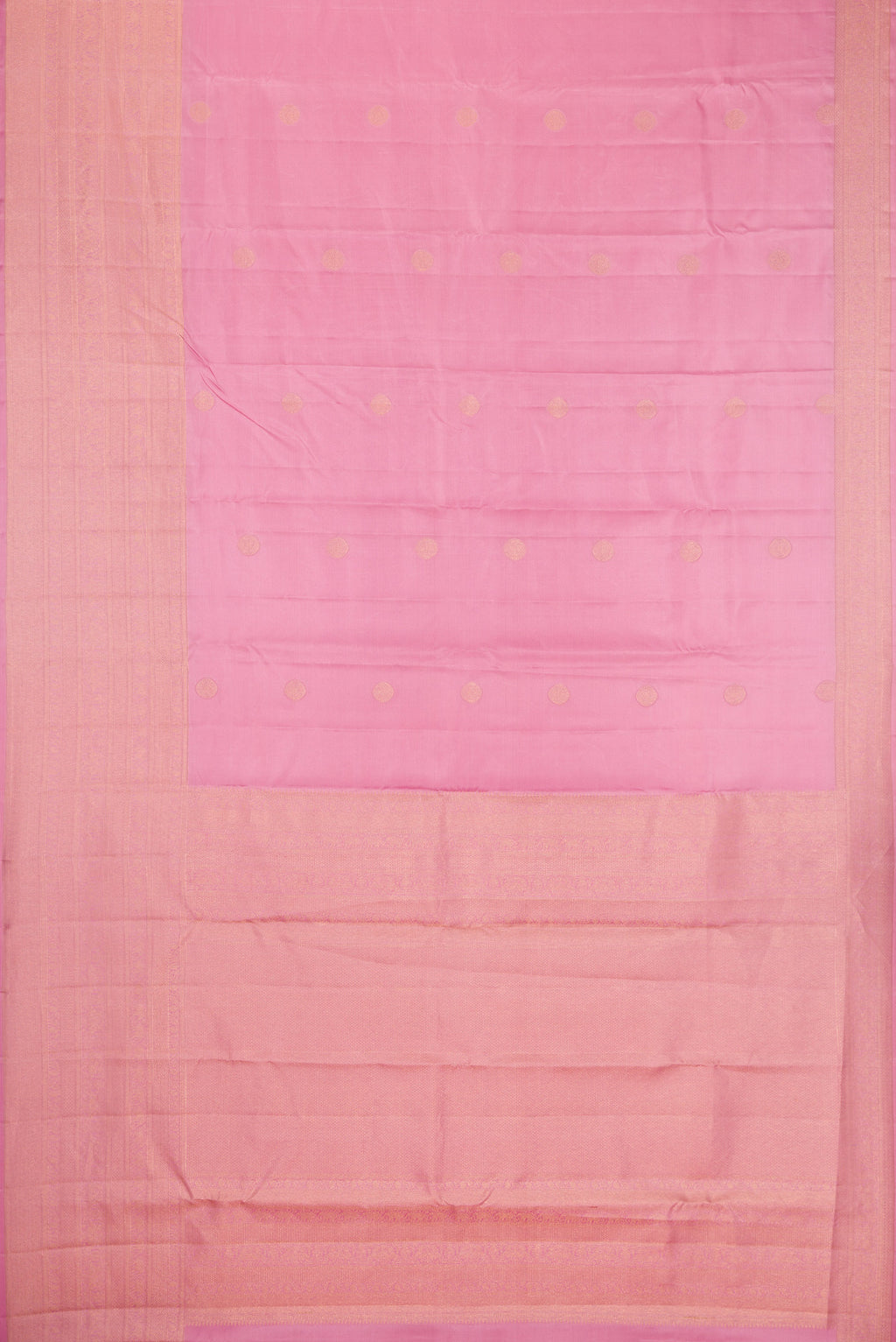 Flat view of Rose pink Kanjivaram Silk Saree with Zari Butta on the body and Fancy Border. 