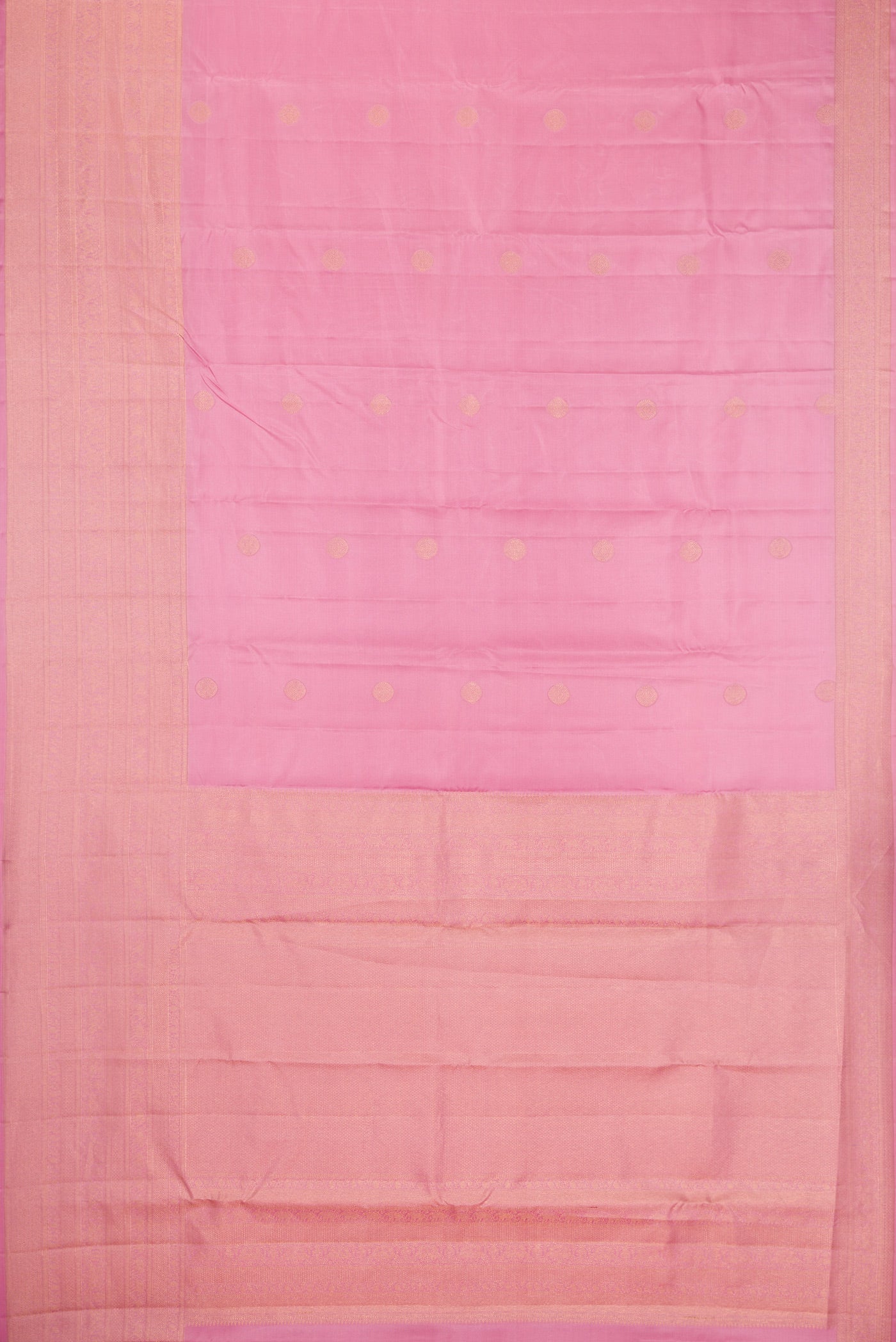 Flat view of Rose pink Kanjivaram Silk Saree with Zari Butta on the body and Fancy Border. 