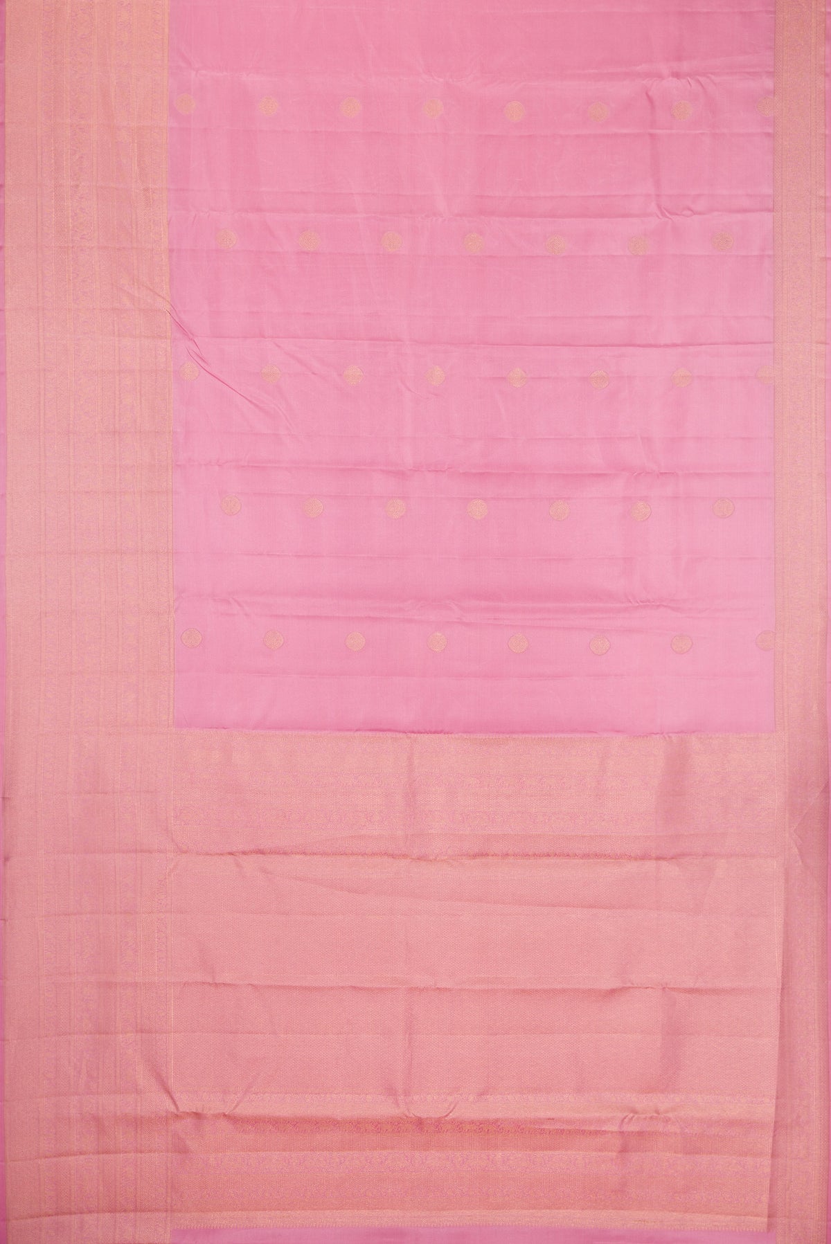 Flat view of Rose pink Kanjivaram Silk Saree with Zari Butta on the body and Fancy Border. 