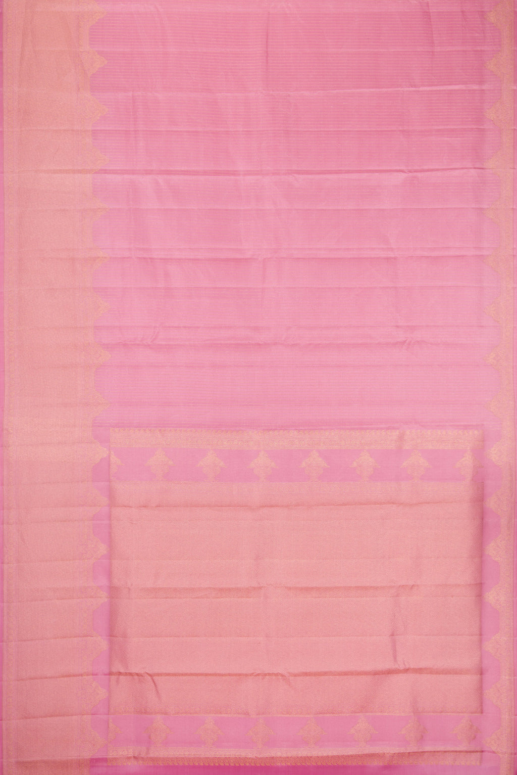 Flat view of Pink Dual Tone Kanjivaram Silk Saree with Stripes on the body and Fancy Border. 