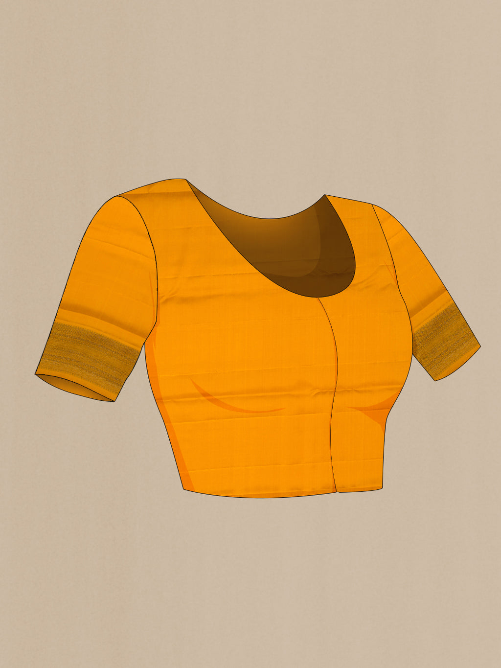 Close up image of the blouse of Mustard Kanjivaram Silk Saree with Jacquard design on the body and Fancy Border. 