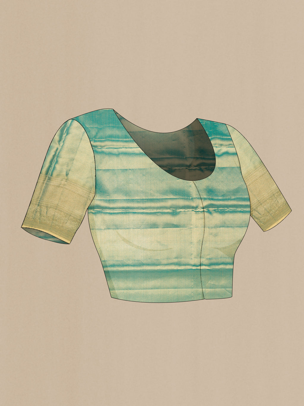 Close up image of the blouse of Green Dual Tone Kanjivaram Tissue Silk Saree with Zari Brocade on the body and Zari Border. 