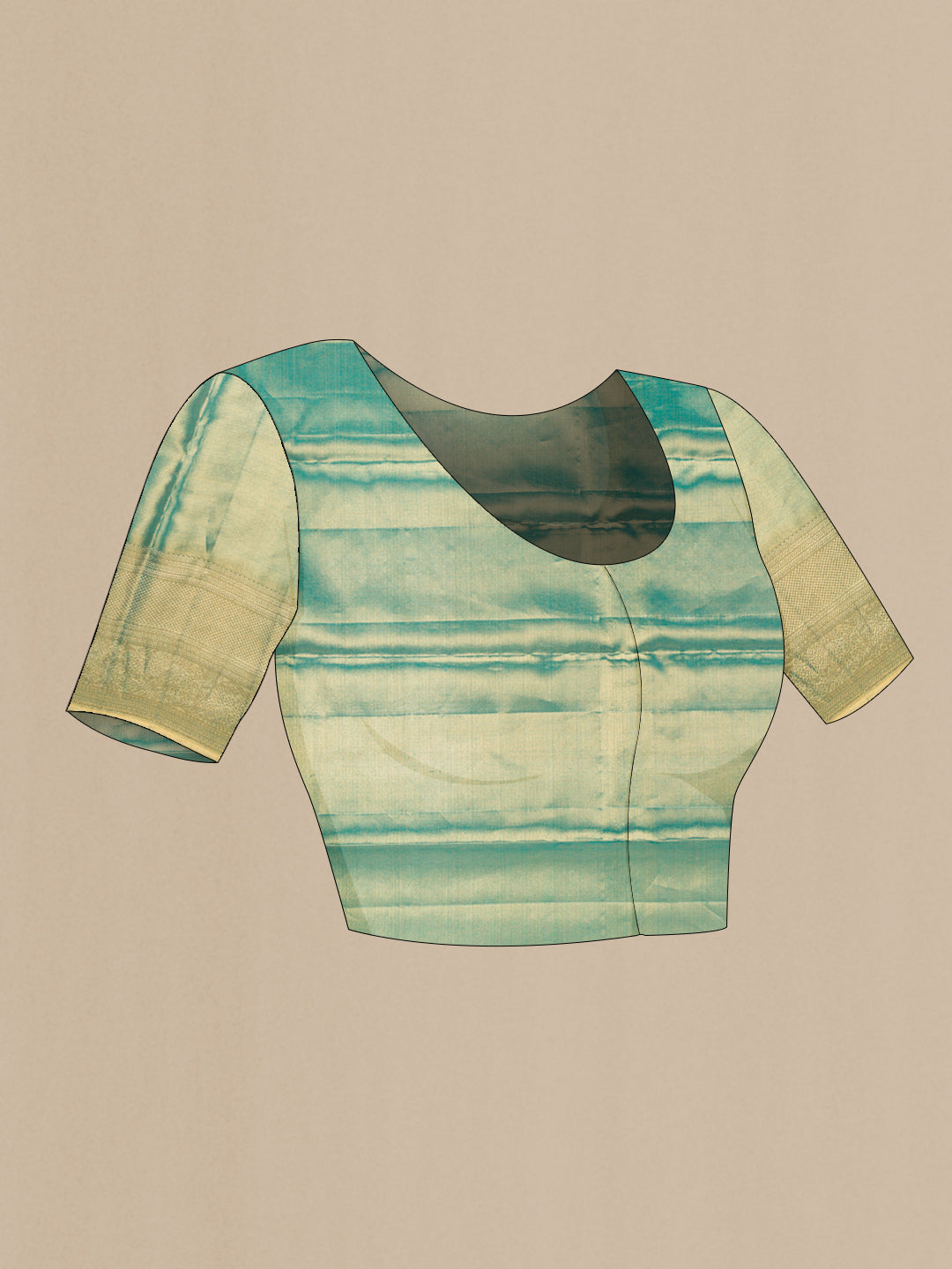 Close up image of the blouse of Green Dual Tone Kanjivaram Tissue Silk Saree with Zari Brocade on the body and Zari Border. 