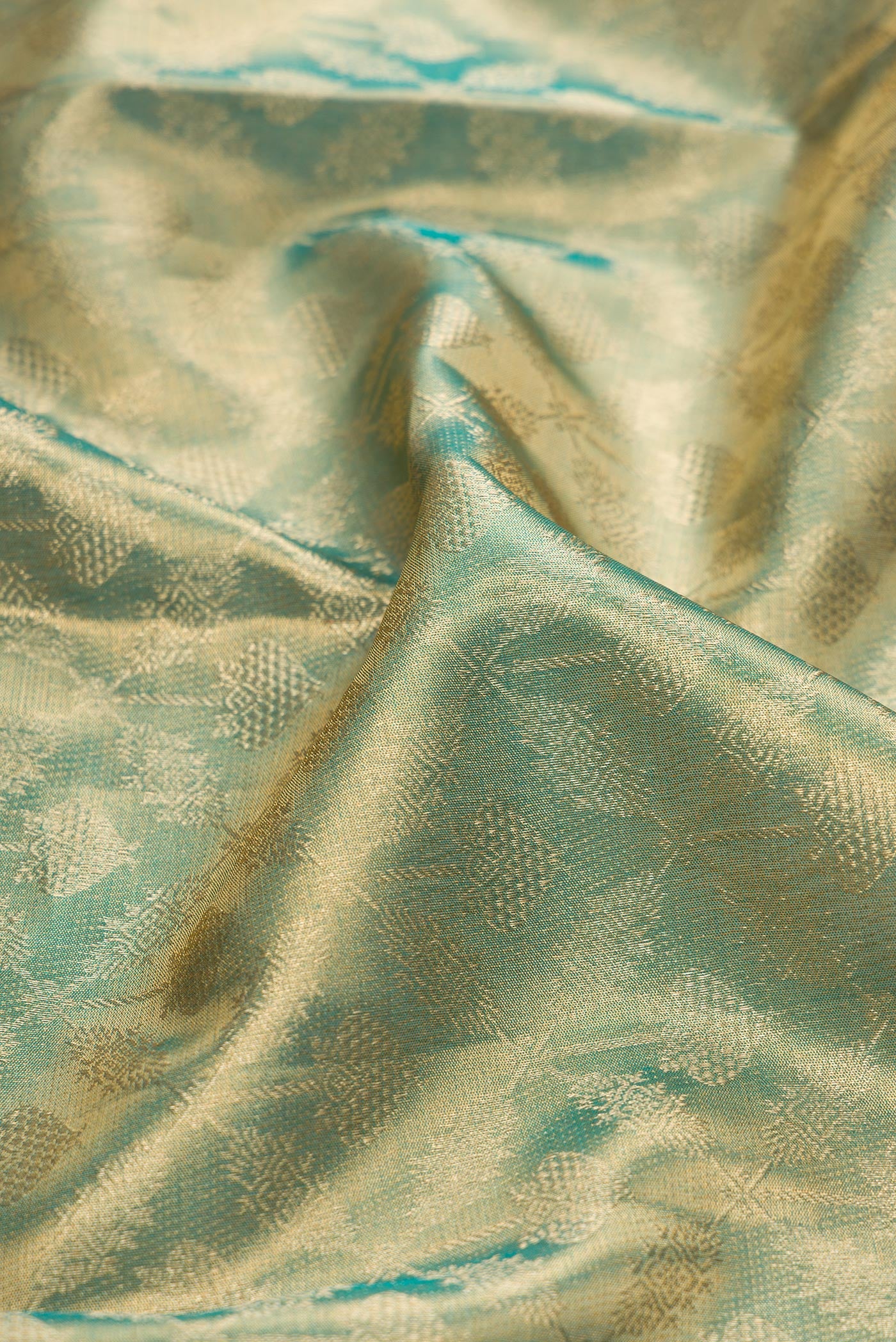 Close up of Green Dual Tone Kanjivaram Tissue Silk Saree with Zari Brocade on the body and Zari Border.  displaying folds