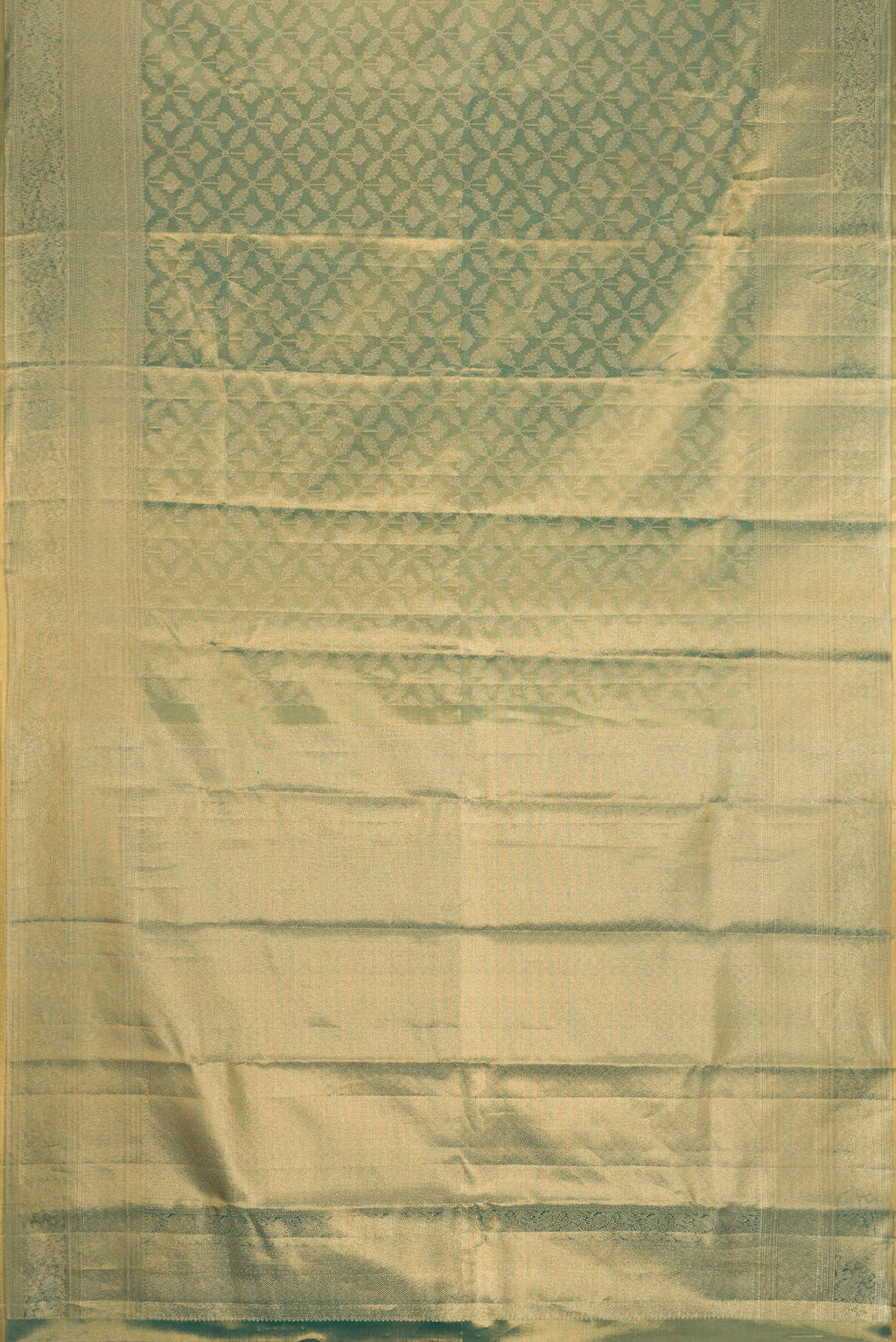Flat view of Green Dual Tone Kanjivaram Tissue Silk Saree with Zari Brocade on the body and Zari Border. 