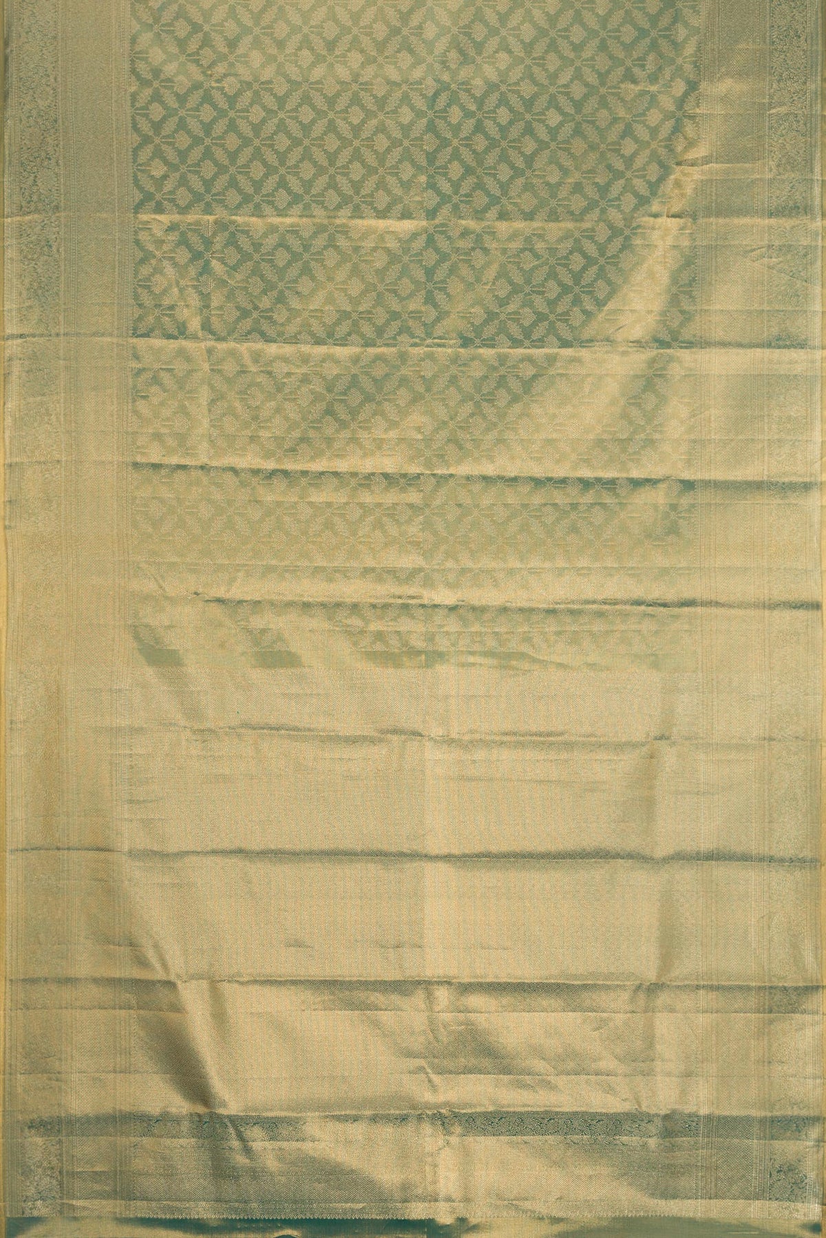 Flat view of Green Dual Tone Kanjivaram Tissue Silk Saree with Zari Brocade on the body and Zari Border. 