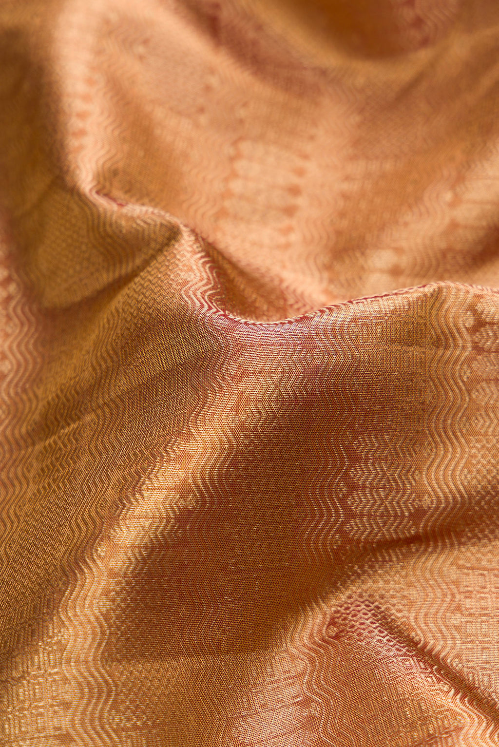 Close up of Gold Dual Tone Kanjivaram Tissue Silk Saree with Zari Brocade on the body and Zari Border.  displaying folds