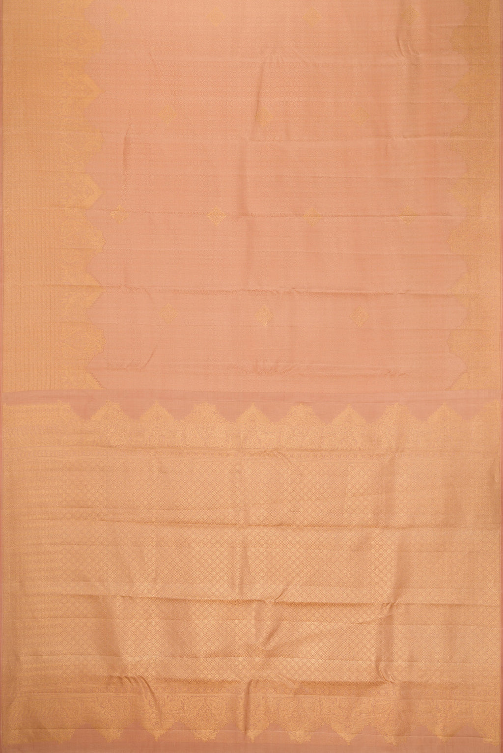 Flat view of Golden Peach Dual Tone Kanjivaram Silk Saree with Jacquard With Zari Butta on the body and Fancy Border. 