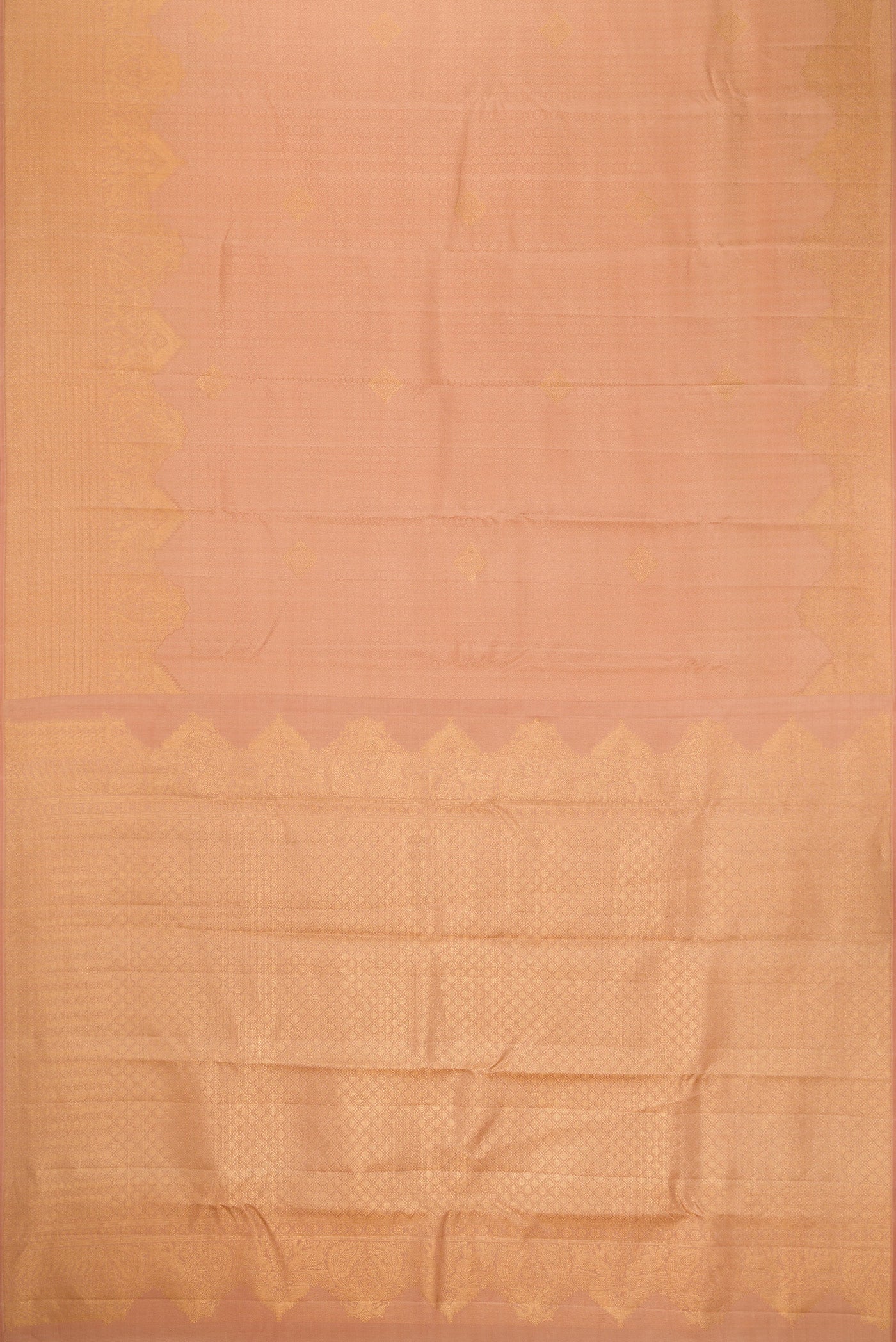 Flat view of Golden Peach Dual Tone Kanjivaram Silk Saree with Jacquard With Zari Butta on the body and Fancy Border. 