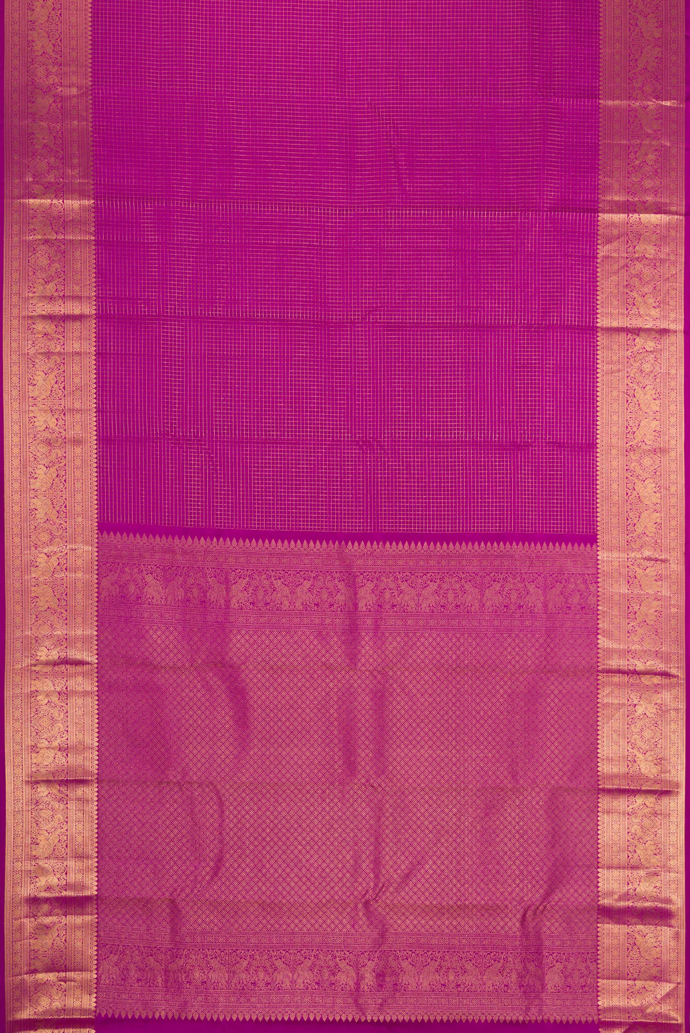 Flat view of Magenta Kanjivaram Silk Saree with Checked design on the body and Zari Border. 